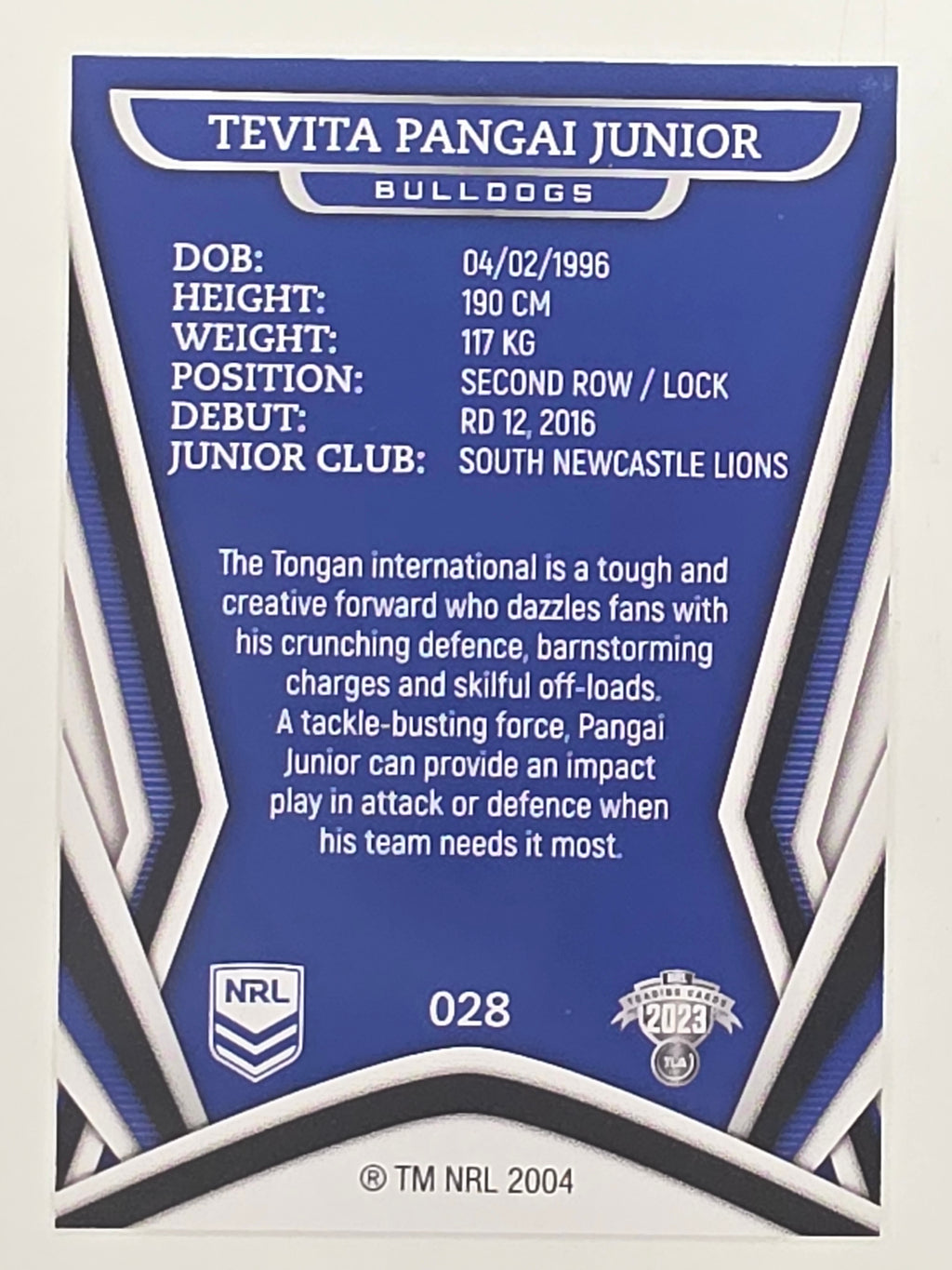 NRL 2023 Traders Titanium Base Card #028 Tevita Pangai Junior Canterbury Bankstown Bulldogs