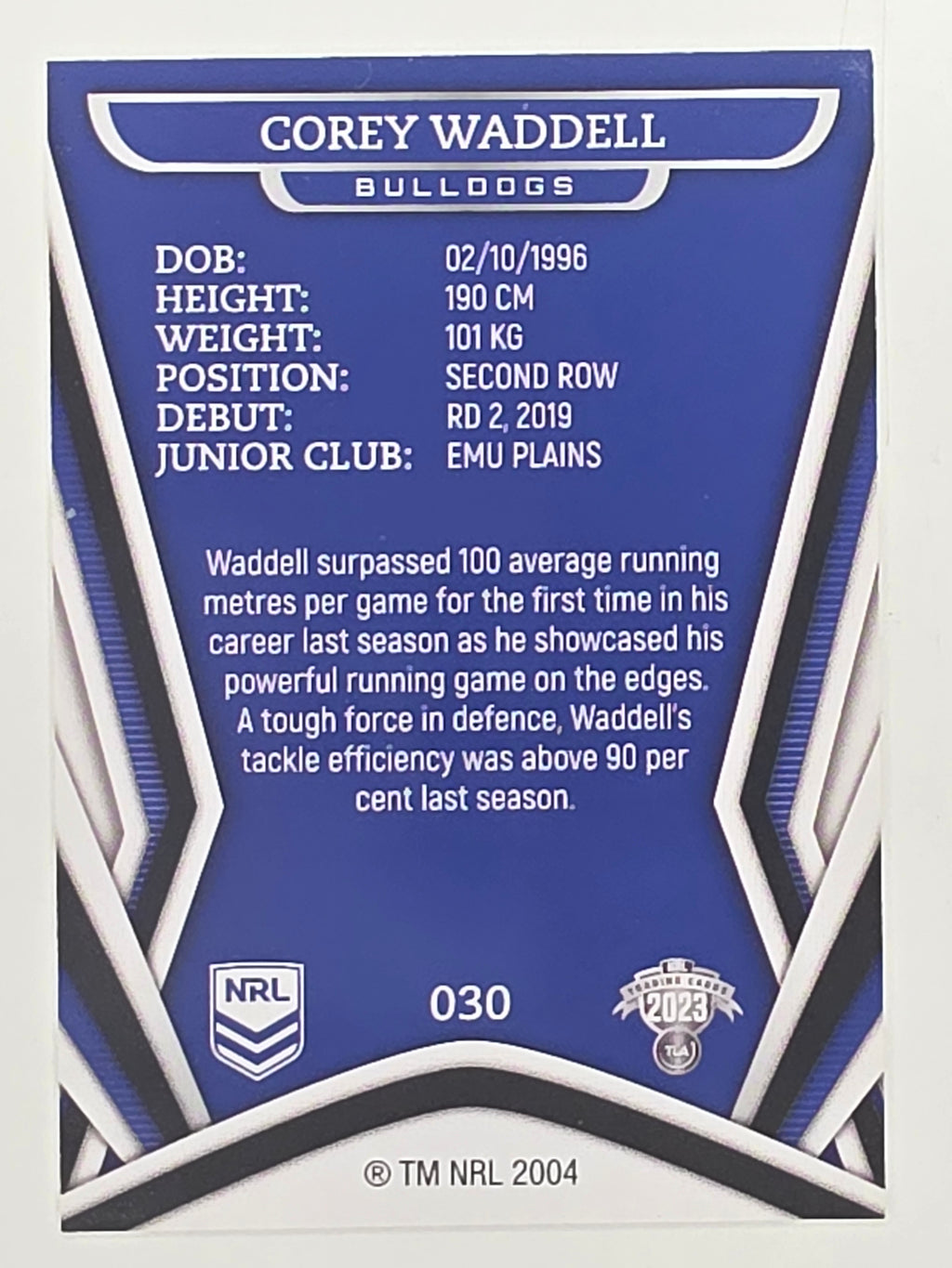 NRL 2023 Traders Titanium Base Card #030 Corey Waddell Canterbury Bankstown Bulldogs