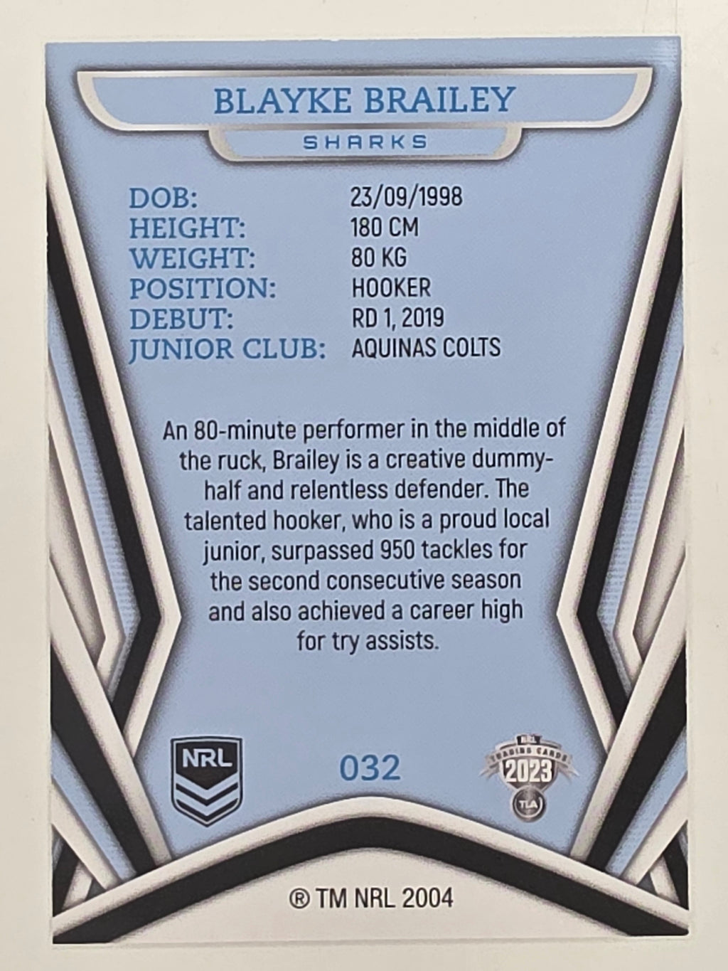 NRL 2023 Traders Titanium Base Card #032 Blayke Brailey Cronulla Sutherland Sharks