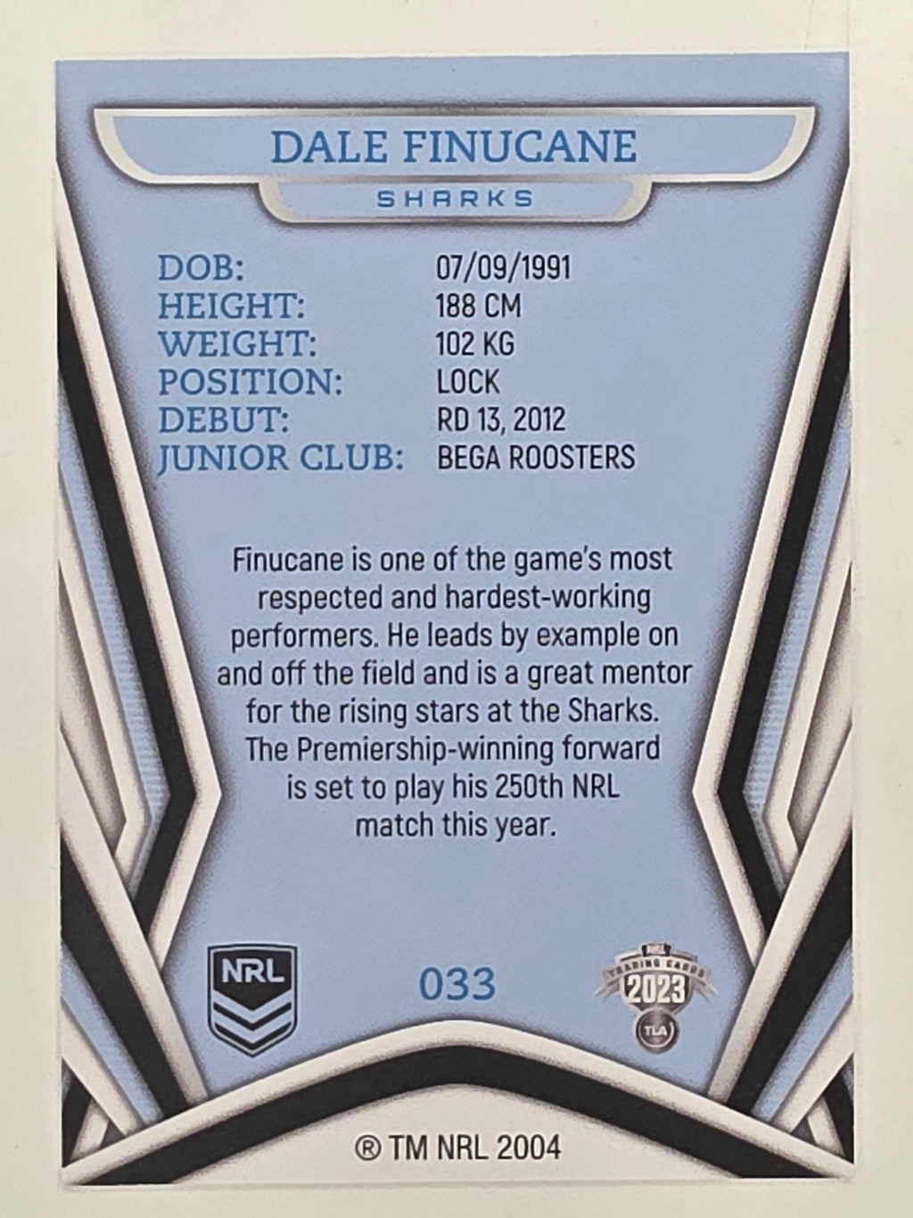 NRL 2023 Traders Titanium Base Card #033 Dale Finucane Cronulla Sutherland Sharks