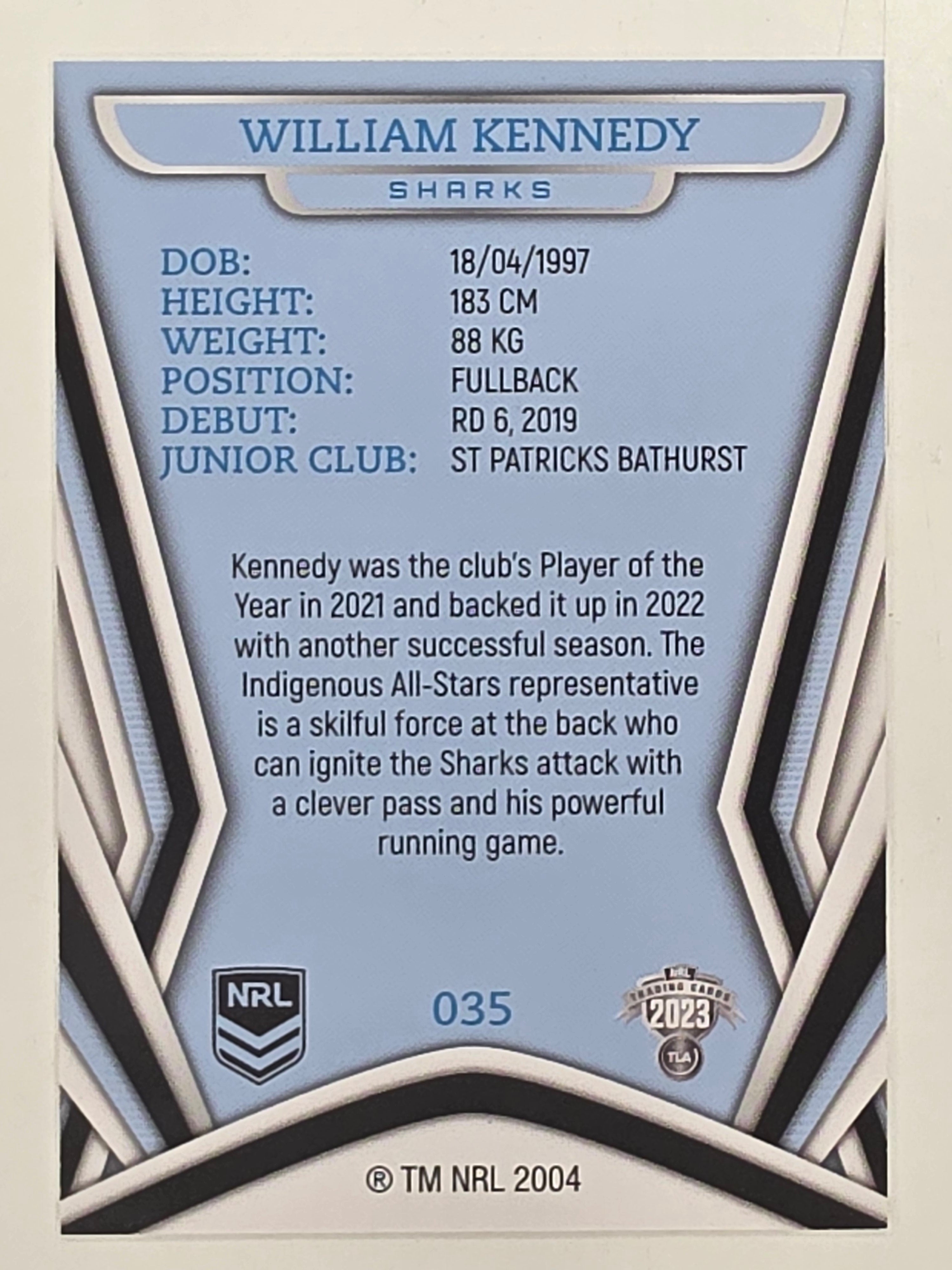 NRL 2023 Traders Titanium Base Card #035 William Kennedy Cronulla Sutherland Sharks