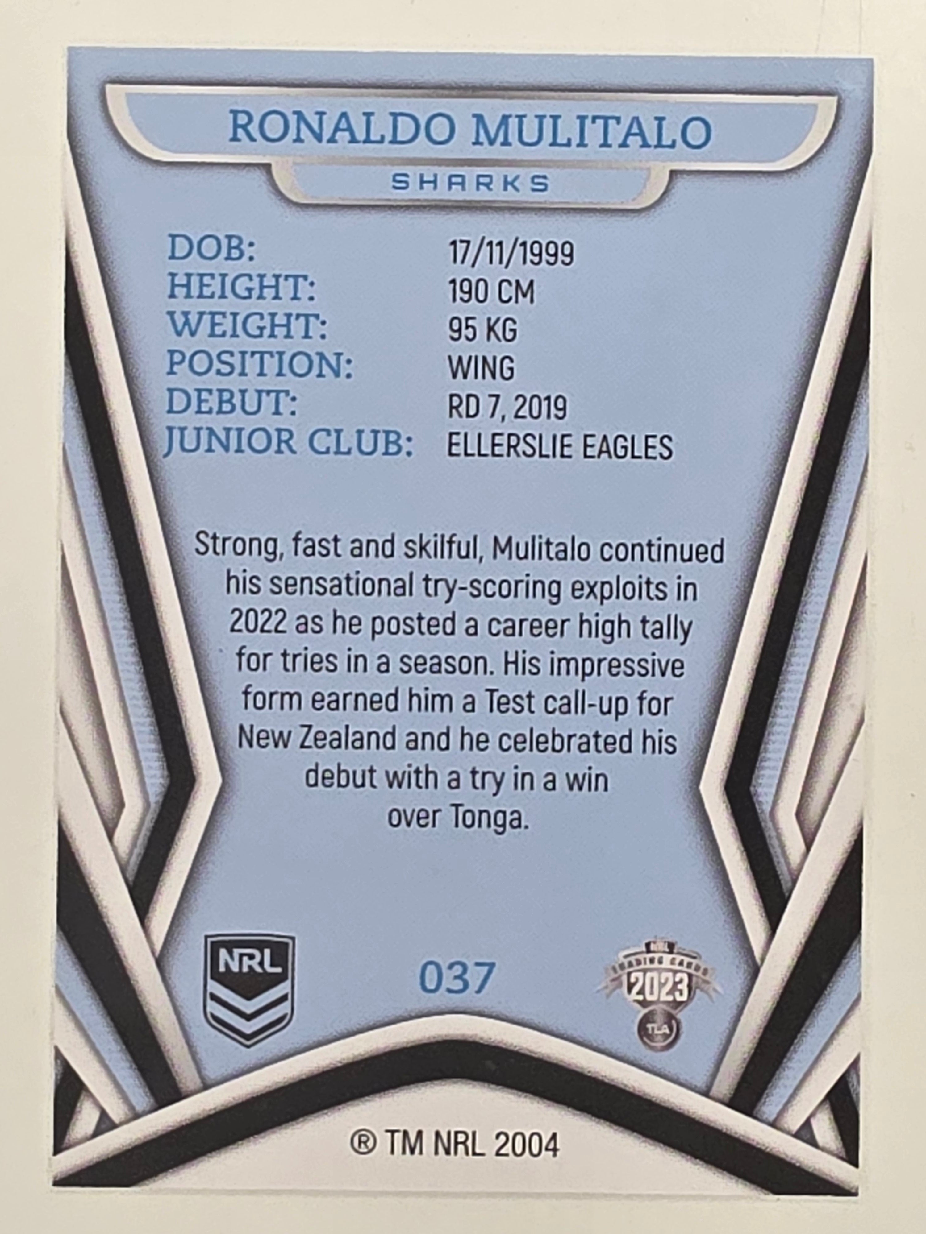 NRL 2023 Traders Titanium Base Card #037 Ronaldo Mulitalo Cronulla Sutherland Sharks