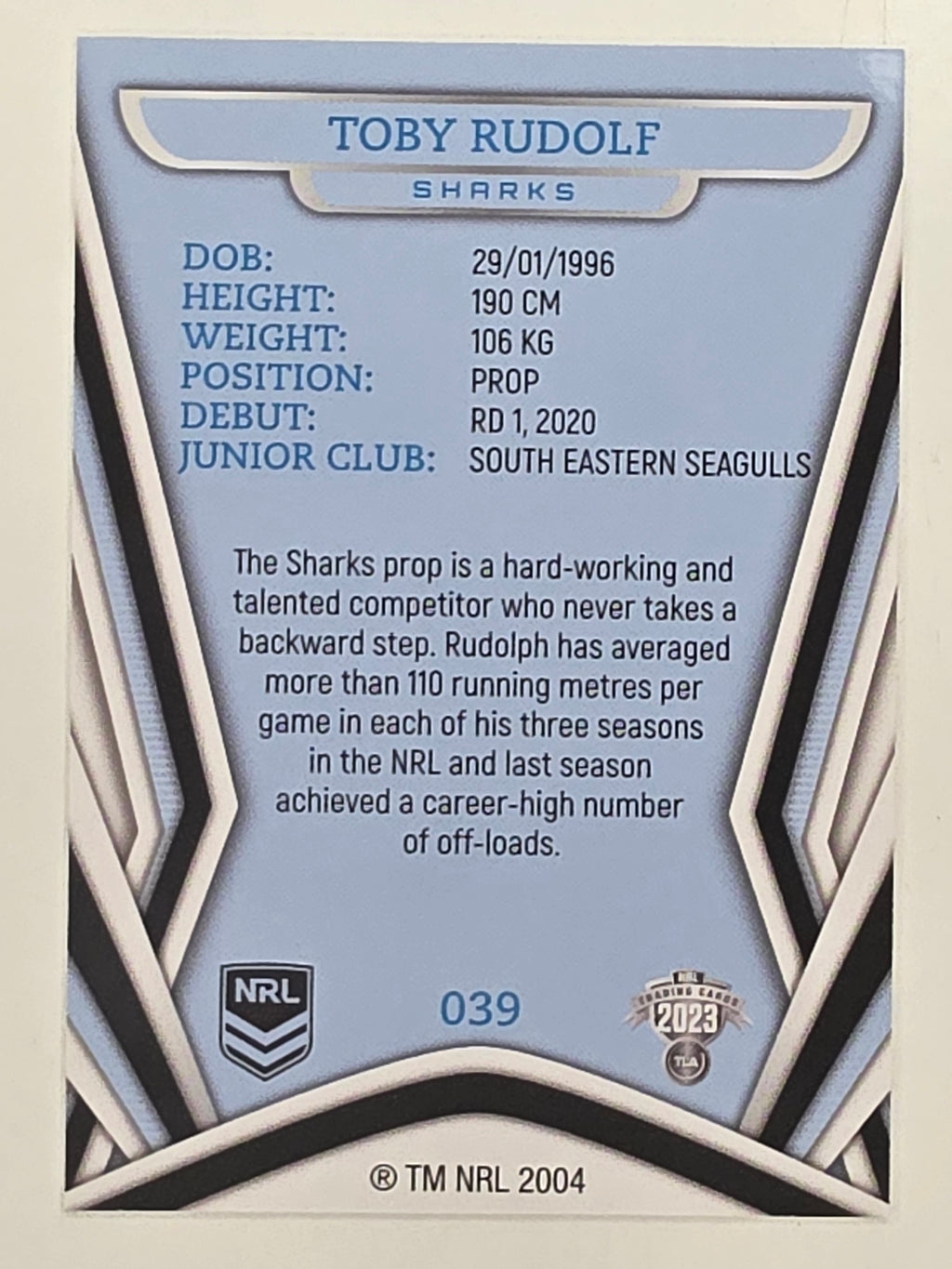 NRL 2023 Traders Titanium Base Card #039 Toby Rudolf Cronulla Sutherland Sharks