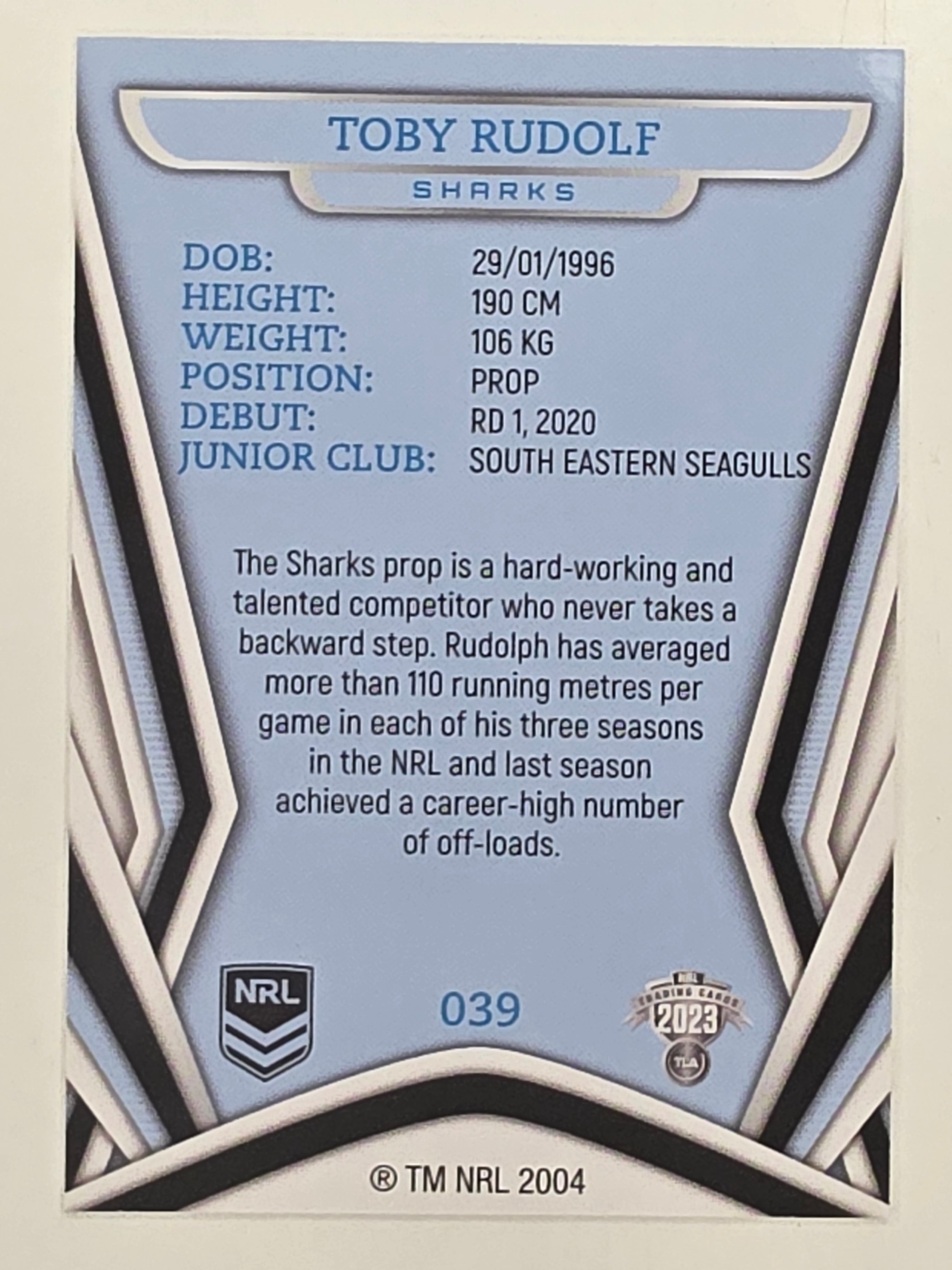 NRL 2023 Traders Titanium Base Card #039 Toby Rudolf Cronulla Sutherland Sharks
