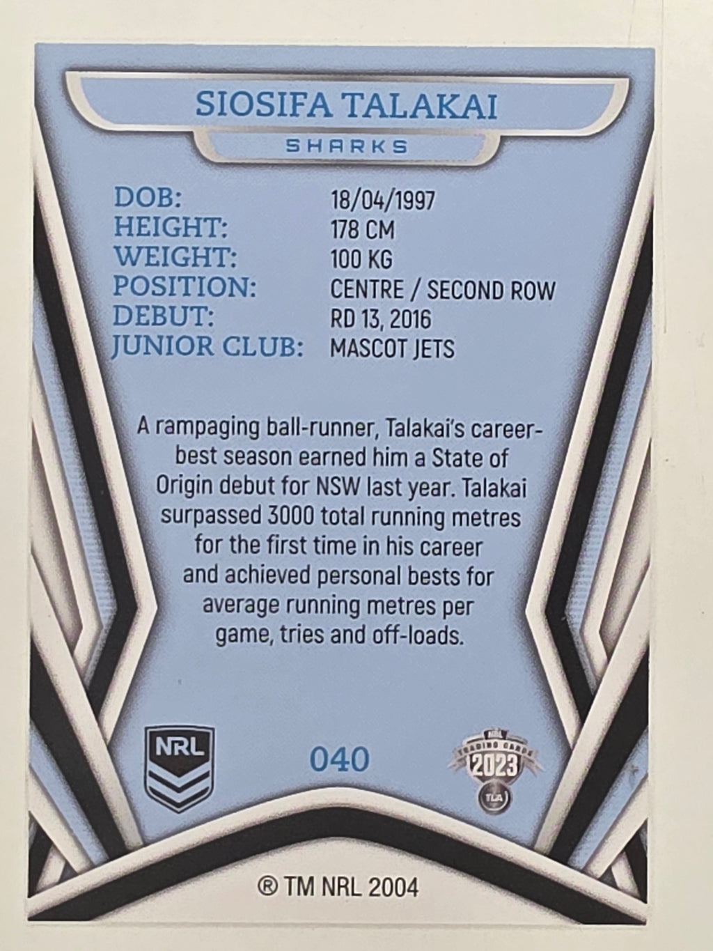 NRL 2023 Traders Titanium Base Card #040 Siosifa Talakai Cronulla Sutherland Sharks