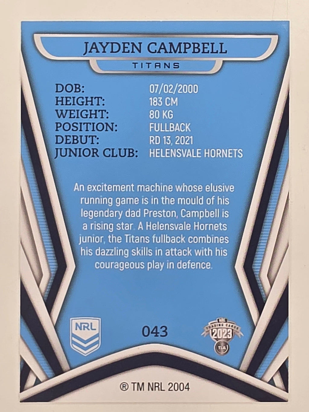 NRL 2023 Traders Titanium Base Card #043 Jayden Campbell Gold Coast Titans