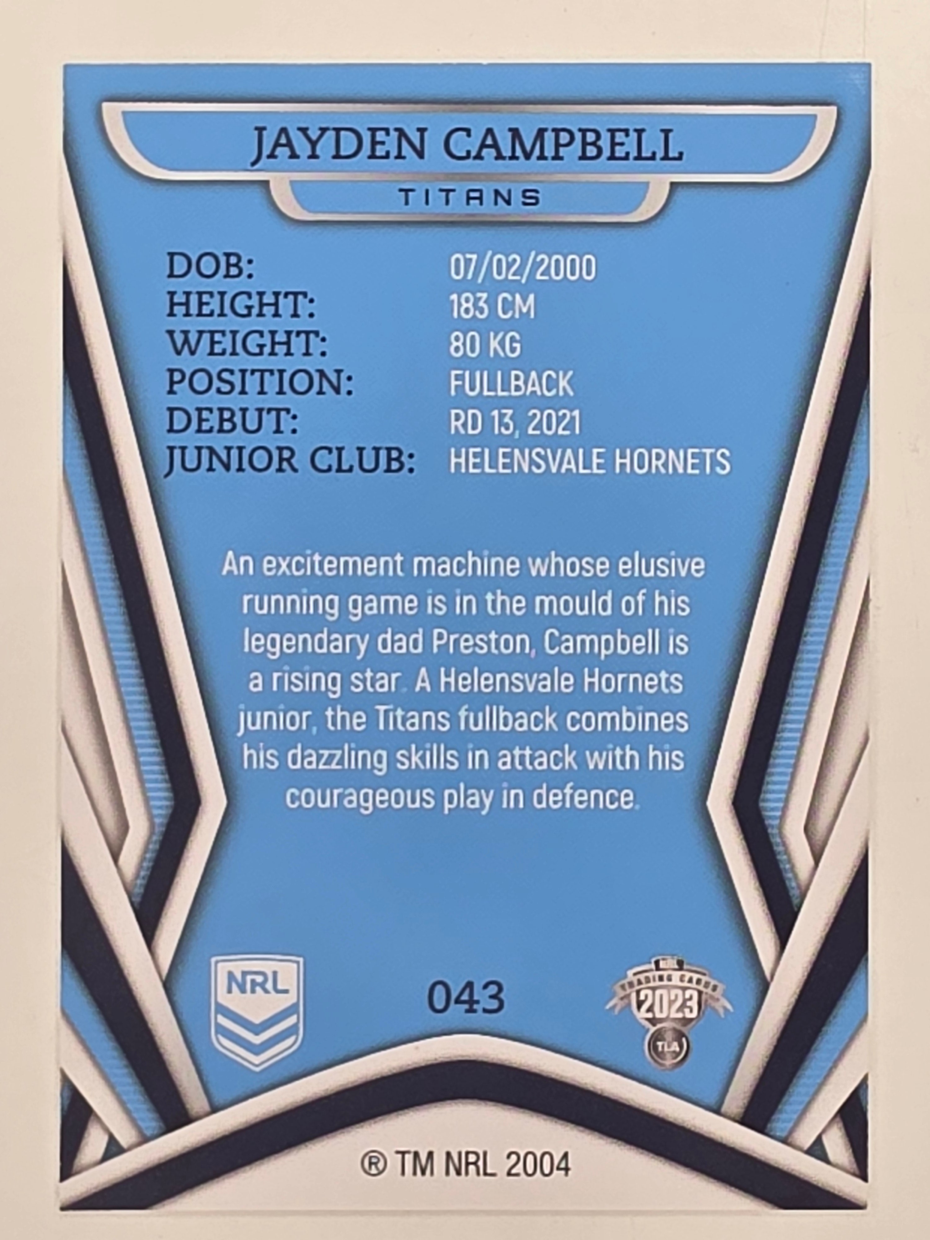 NRL 2023 Traders Titanium Base Card #043 Jayden Campbell Gold Coast Titans