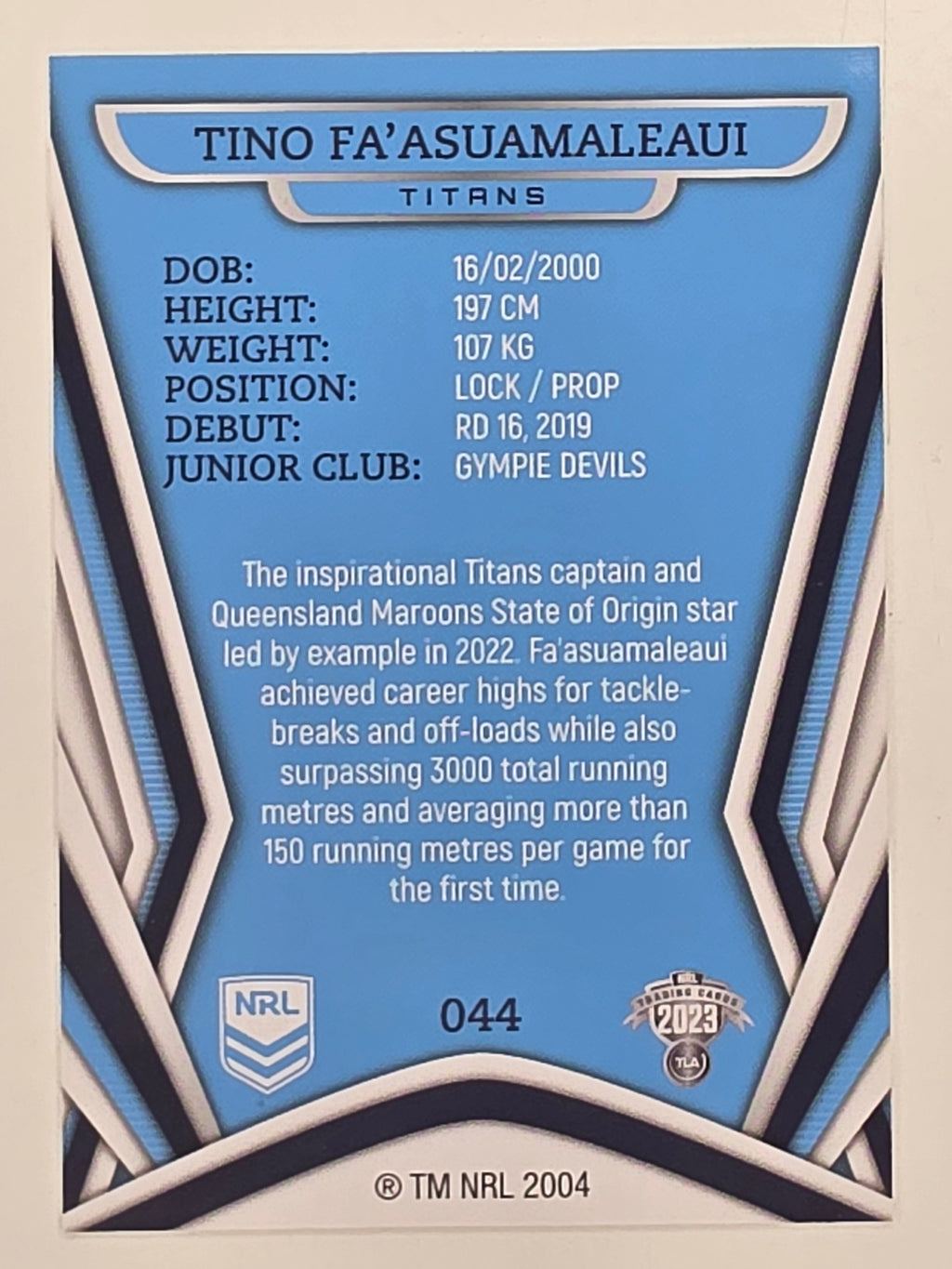 NRL 2023 Traders Titanium Base Card #044 Tino Fa’asuamaleaui Gold Coast Titans