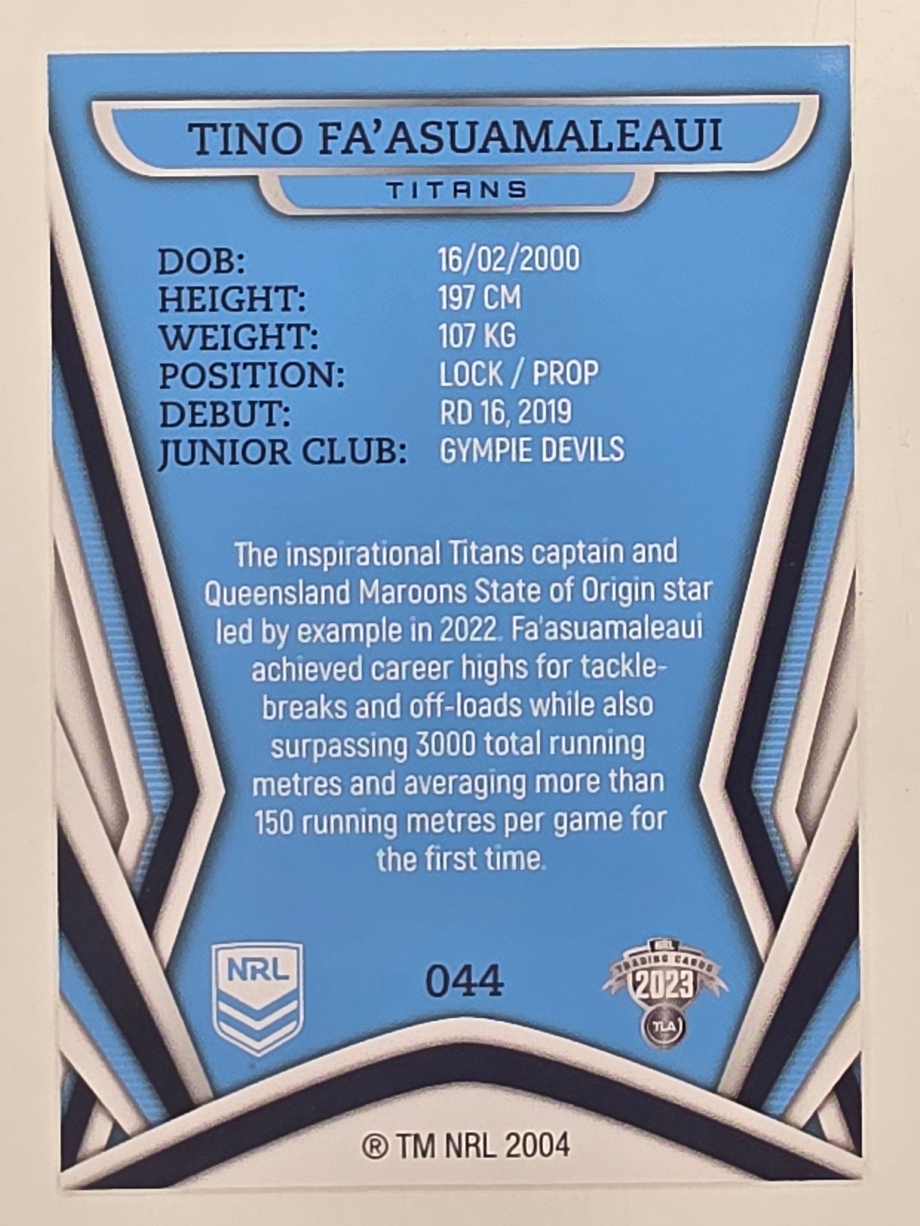 NRL 2023 Traders Titanium Base Card #044 Tino Fa’asuamaleaui Gold Coast Titans