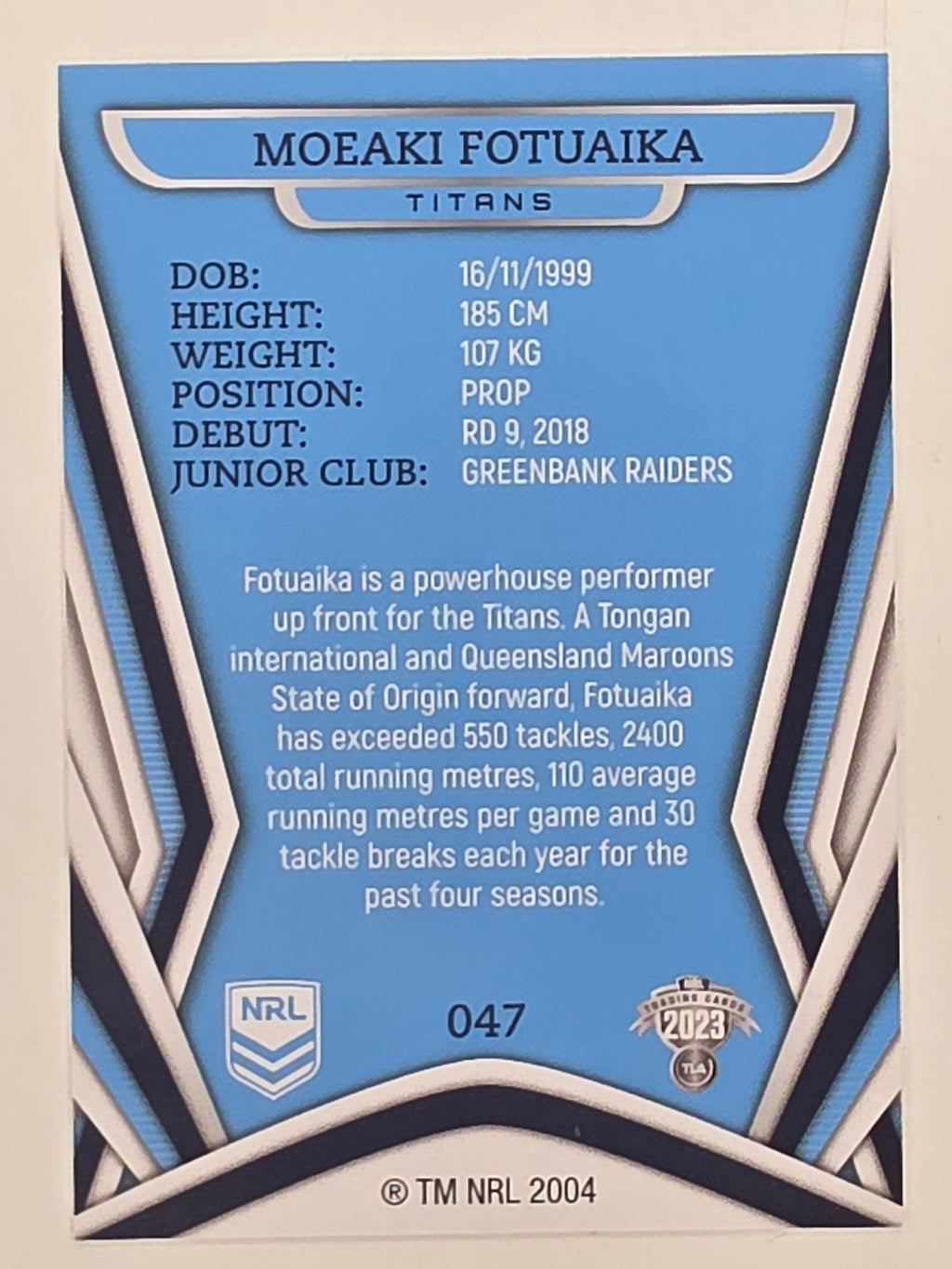 NRL 2023 Traders Titanium Base Card #047 Moeaki Fotuaika Gold Coast Titans