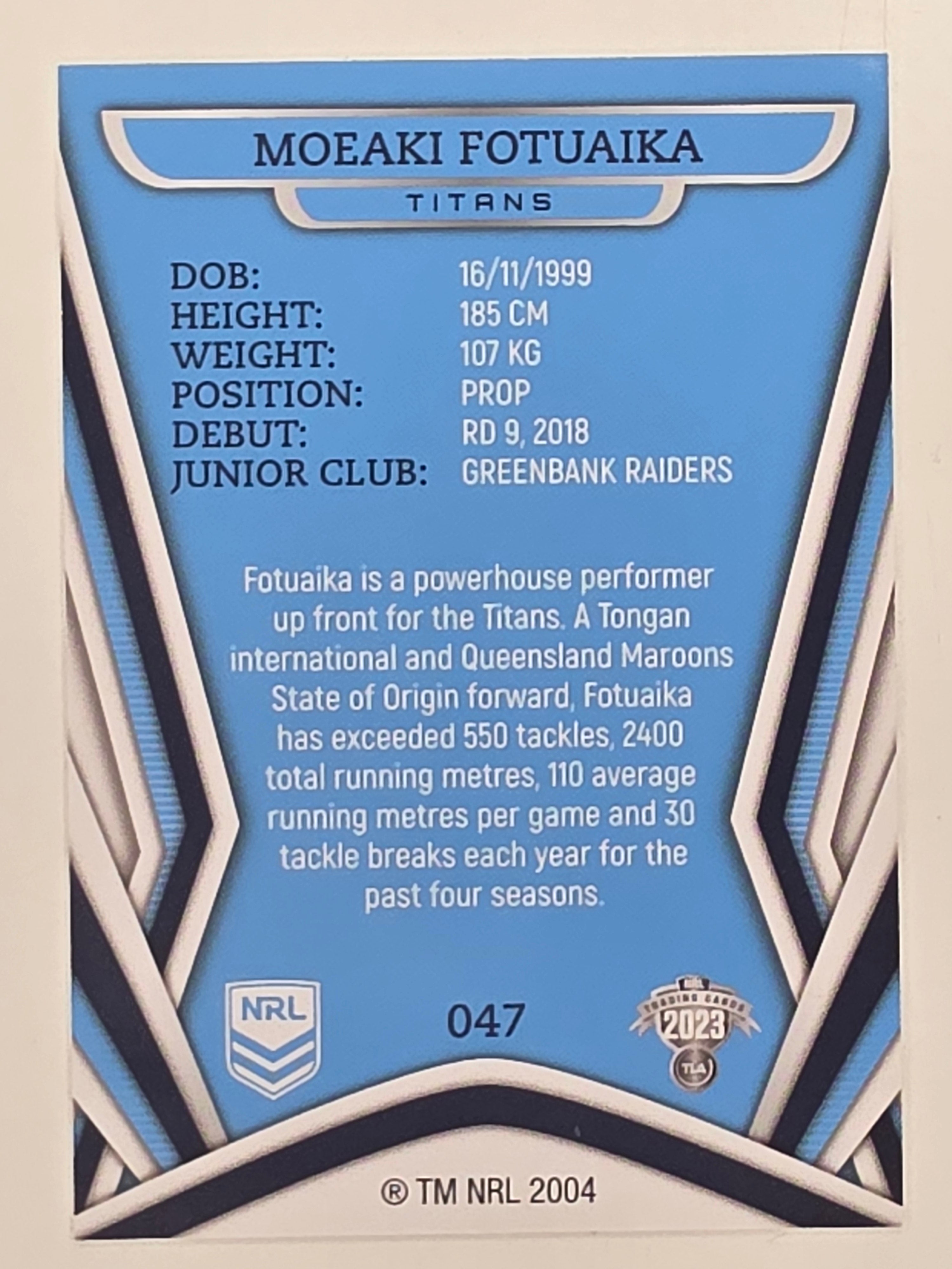 NRL 2023 Traders Titanium Base Card #047 Moeaki Fotuaika Gold Coast Titans