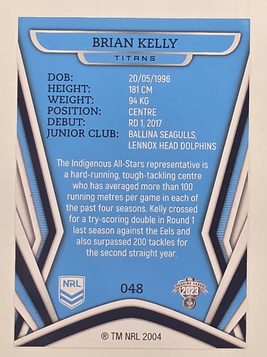 NRL 2023 Traders Titanium Base Card #048 Brian Kelly Gold Coast Titans