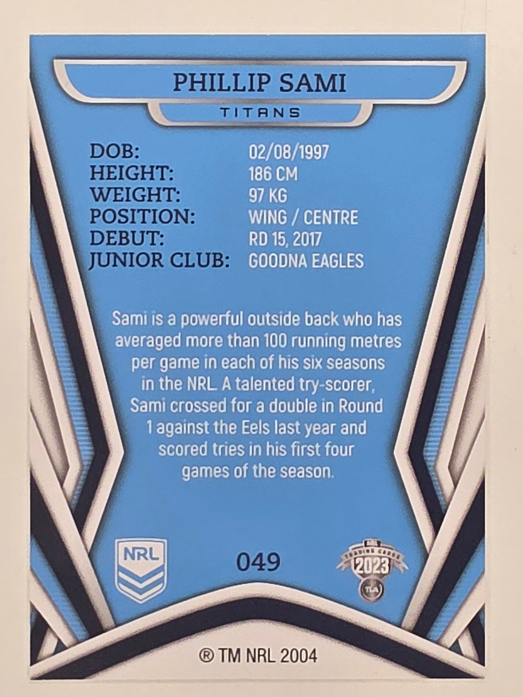 NRL 2023 Traders Titanium Base Card #049 Phillip Sami Gold Coast Titans
