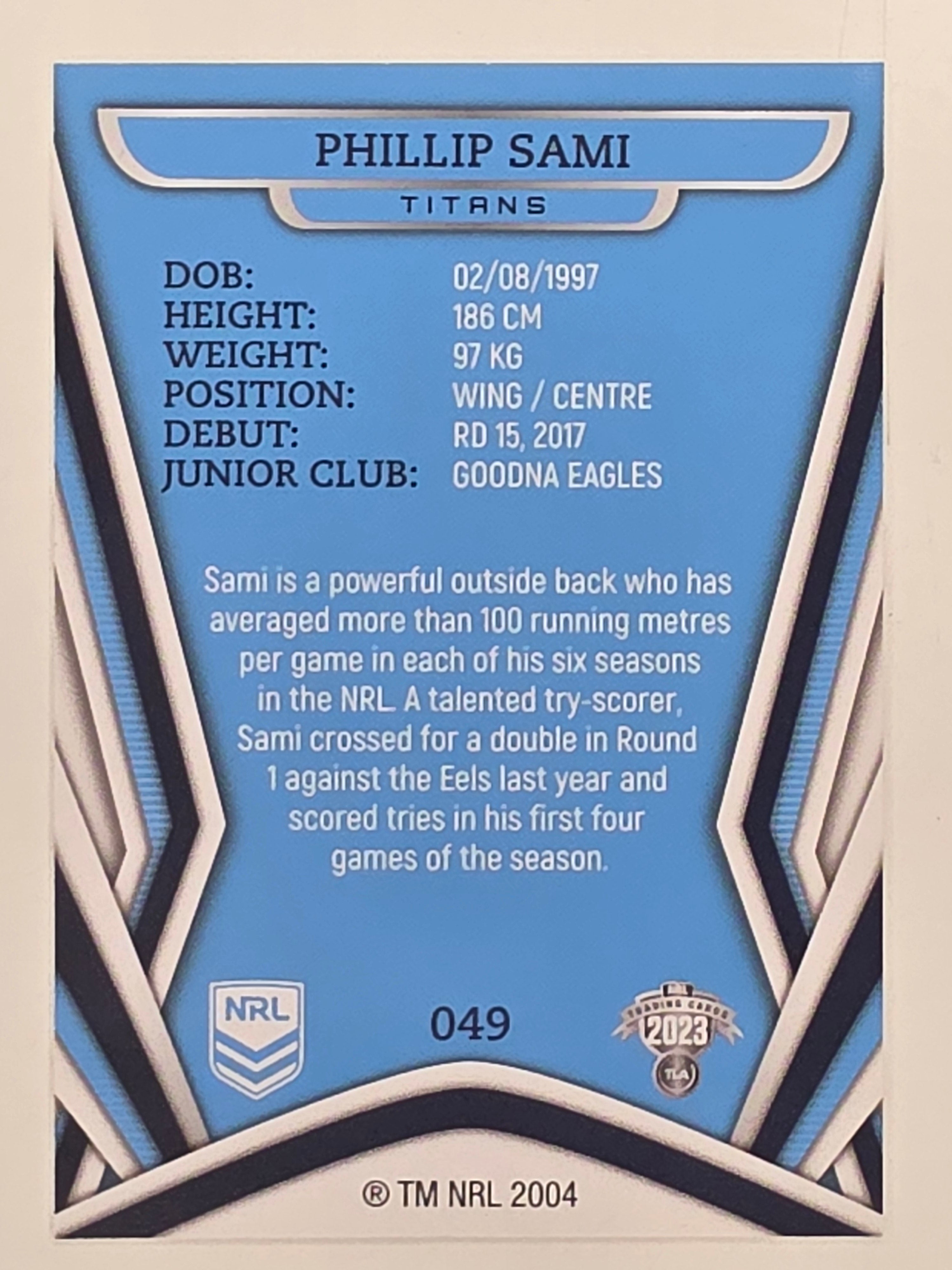 NRL 2023 Traders Titanium Base Card #049 Phillip Sami Gold Coast Titans