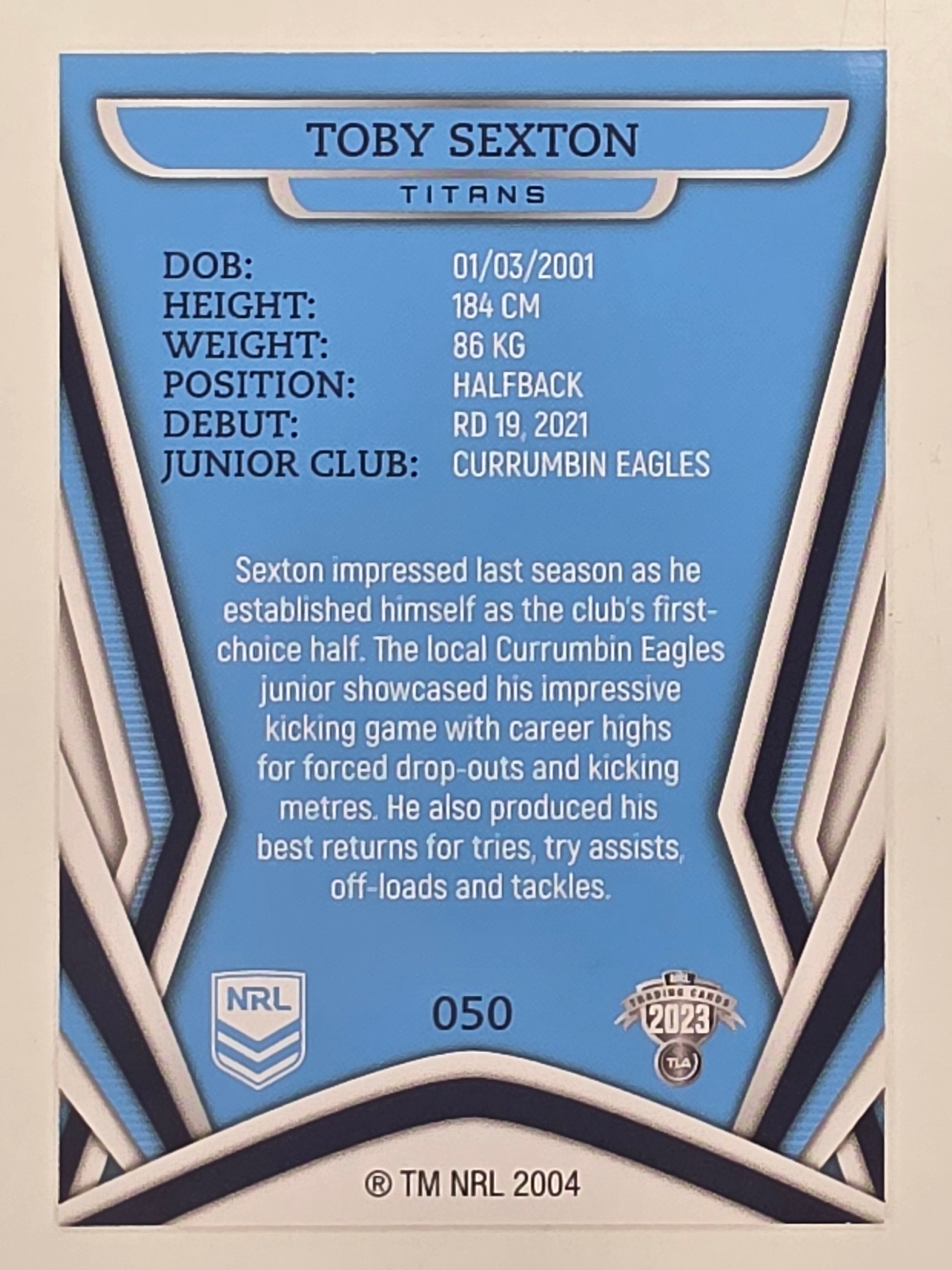 NRL 2023 Traders Titanium Base Card #050 Toby Sexton Gold Coast Titans