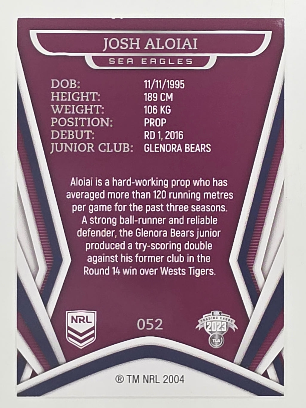 NRL 2023 Traders Titanium Base Card #052 Josh Aloiai Manly Warringah Sea Eagles