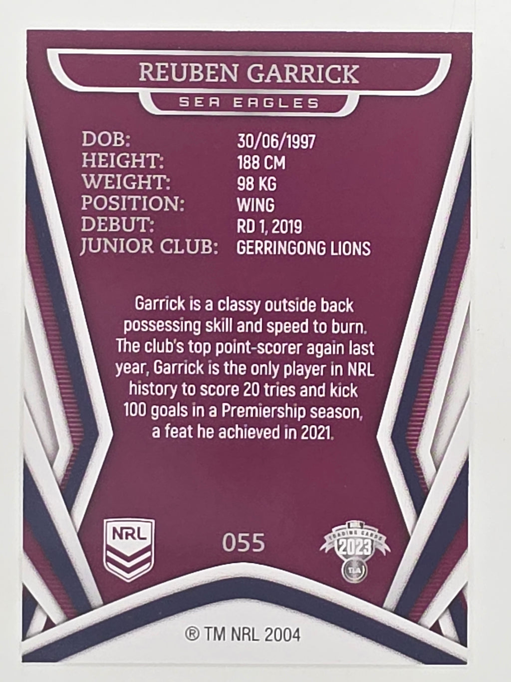 NRL 2023 Traders Titanium Base Card #055 Reuben Garrick Manly Warringah Sea Eagles