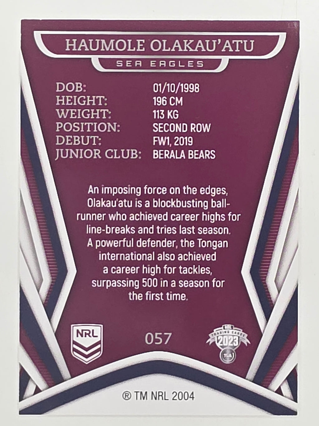 NRL 2023 Traders Titanium Base Card #057 Haumole Olakau’atu Manly Warringah Sea Eagles