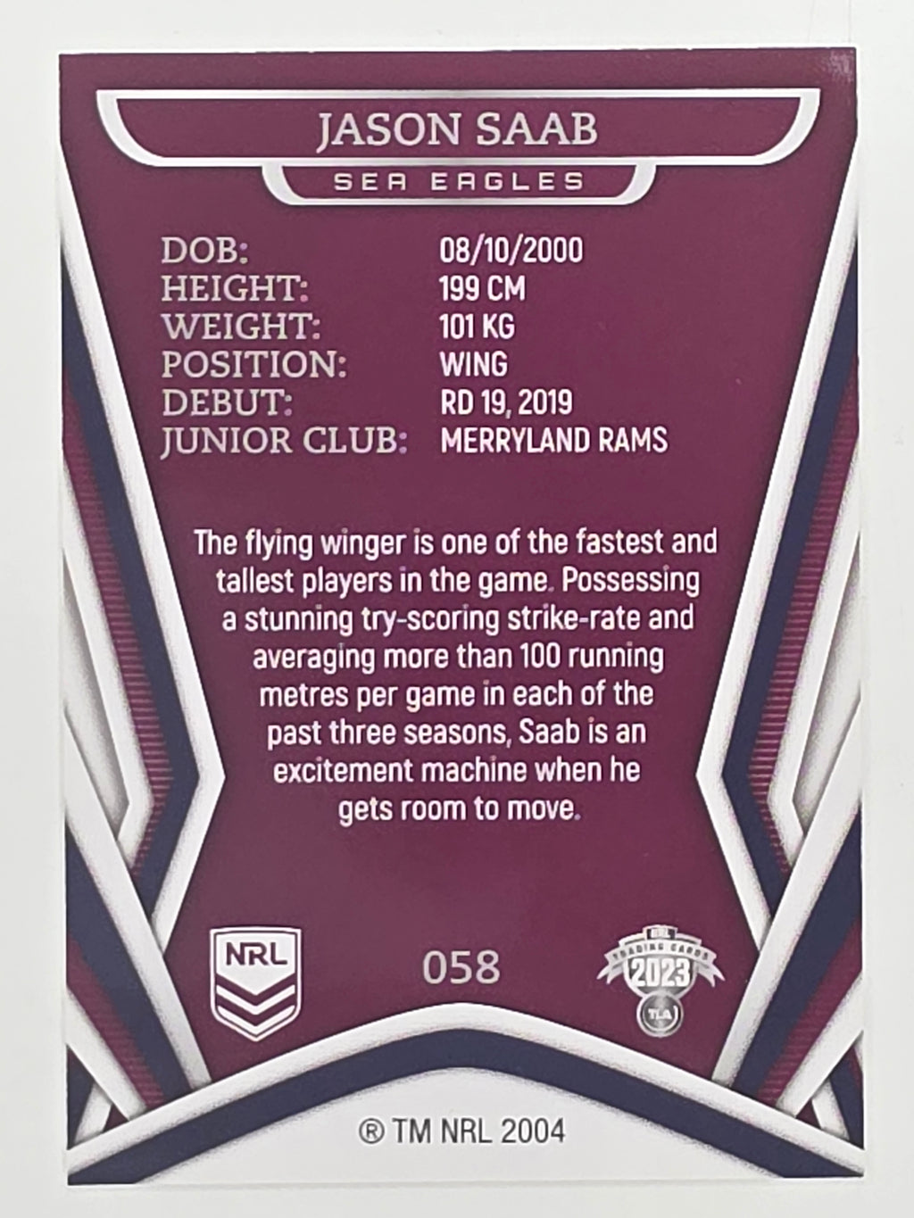 NRL 2023 Traders Titanium Base Card #058 Jason Saab Manly Warringah Sea Eagles