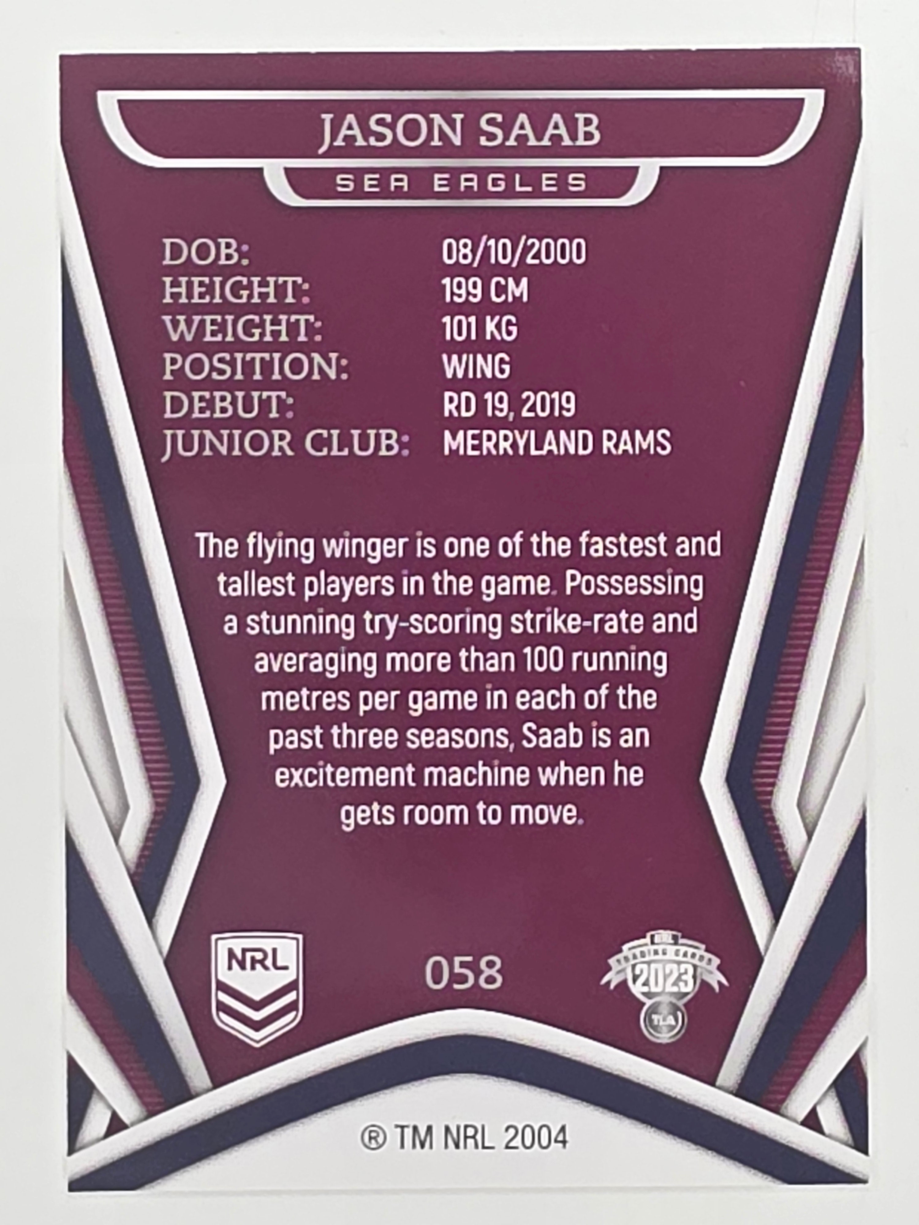 NRL 2023 Traders Titanium Base Card #058 Jason Saab Manly Warringah Sea Eagles