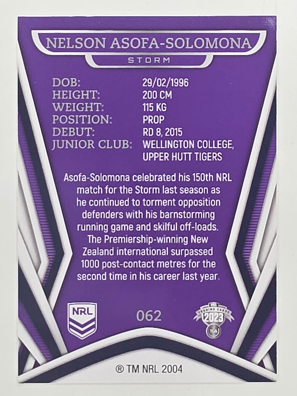 NRL 2023 Traders Titanium Base Card #062 Nelson Asofa-Solomona Melbourne Storm