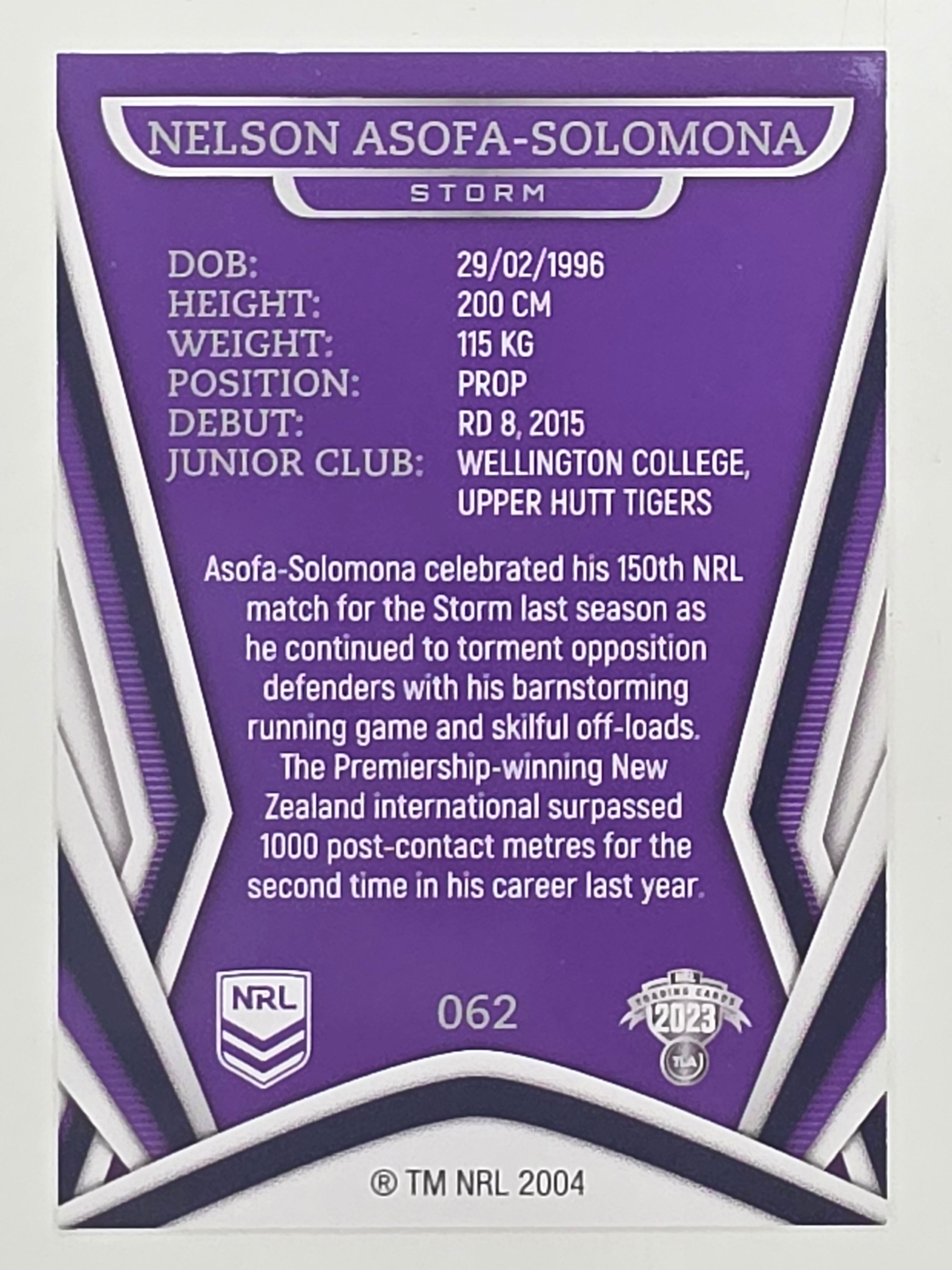 NRL 2023 Traders Titanium Base Card #062 Nelson Asofa-Solomona Melbourne Storm