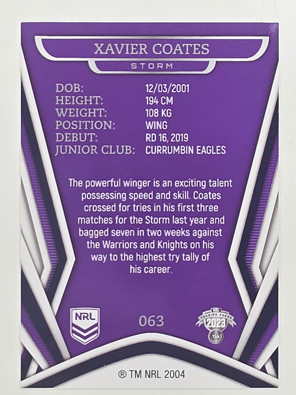 NRL 2023 Traders Titanium Base Card #063 Xavier Coates Melbourne Storm