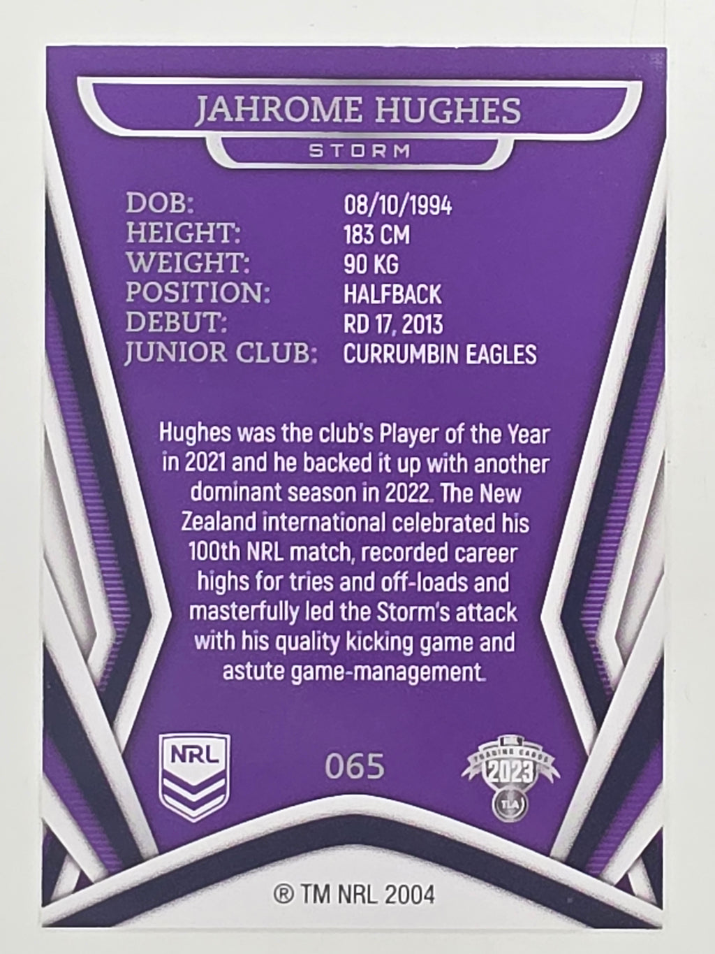NRL 2023 Traders Titanium Base Card #065 Jahrome Hughes Melbourne Storm