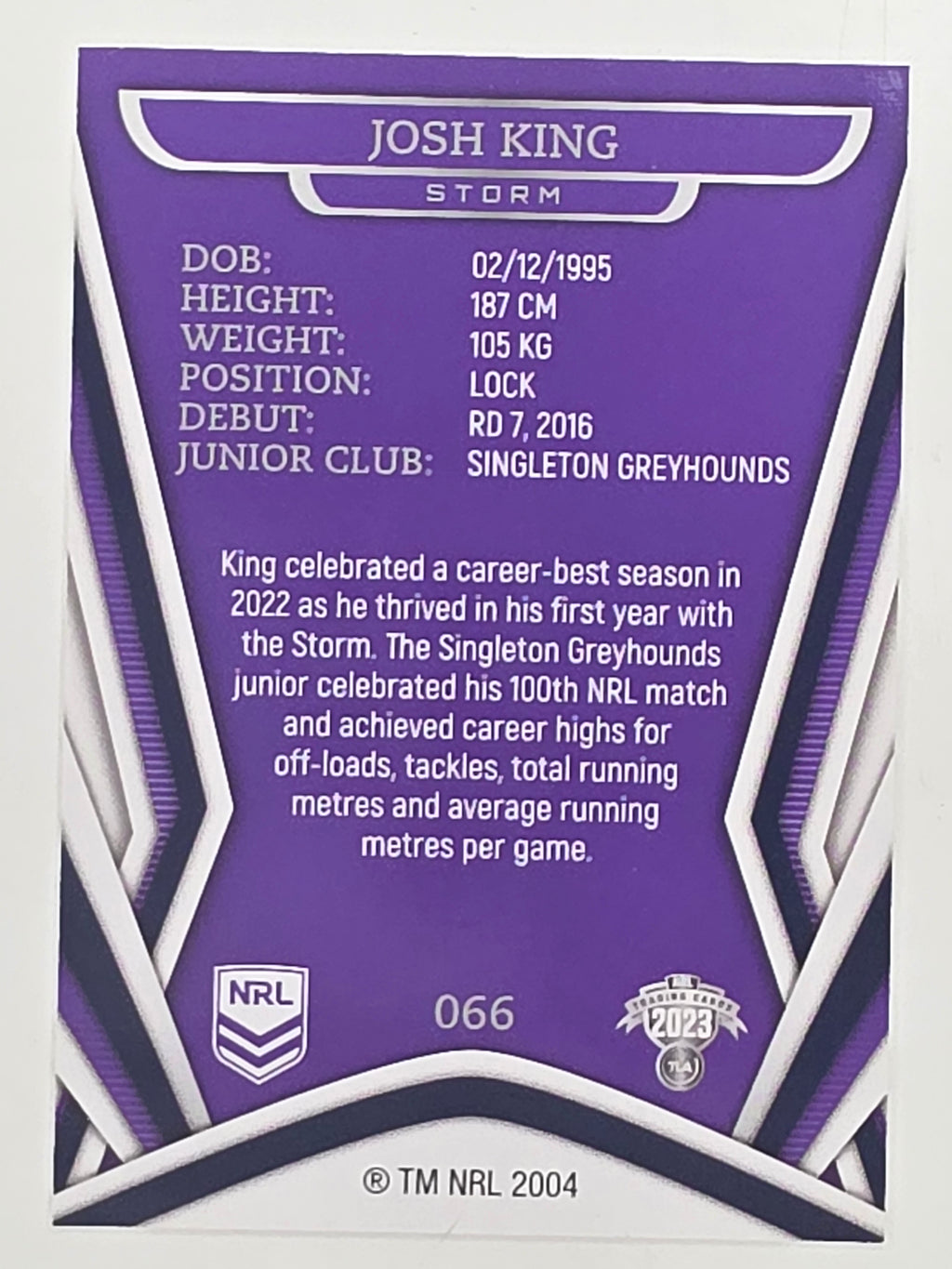 NRL 2023 Traders Titanium Base Card #066 Josh King Melbourne Storm