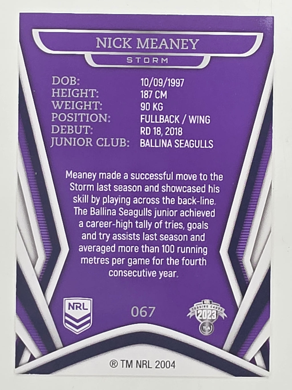 NRL 2023 Traders Titanium Base Card #067 Nick Meaney Melbourne Storm