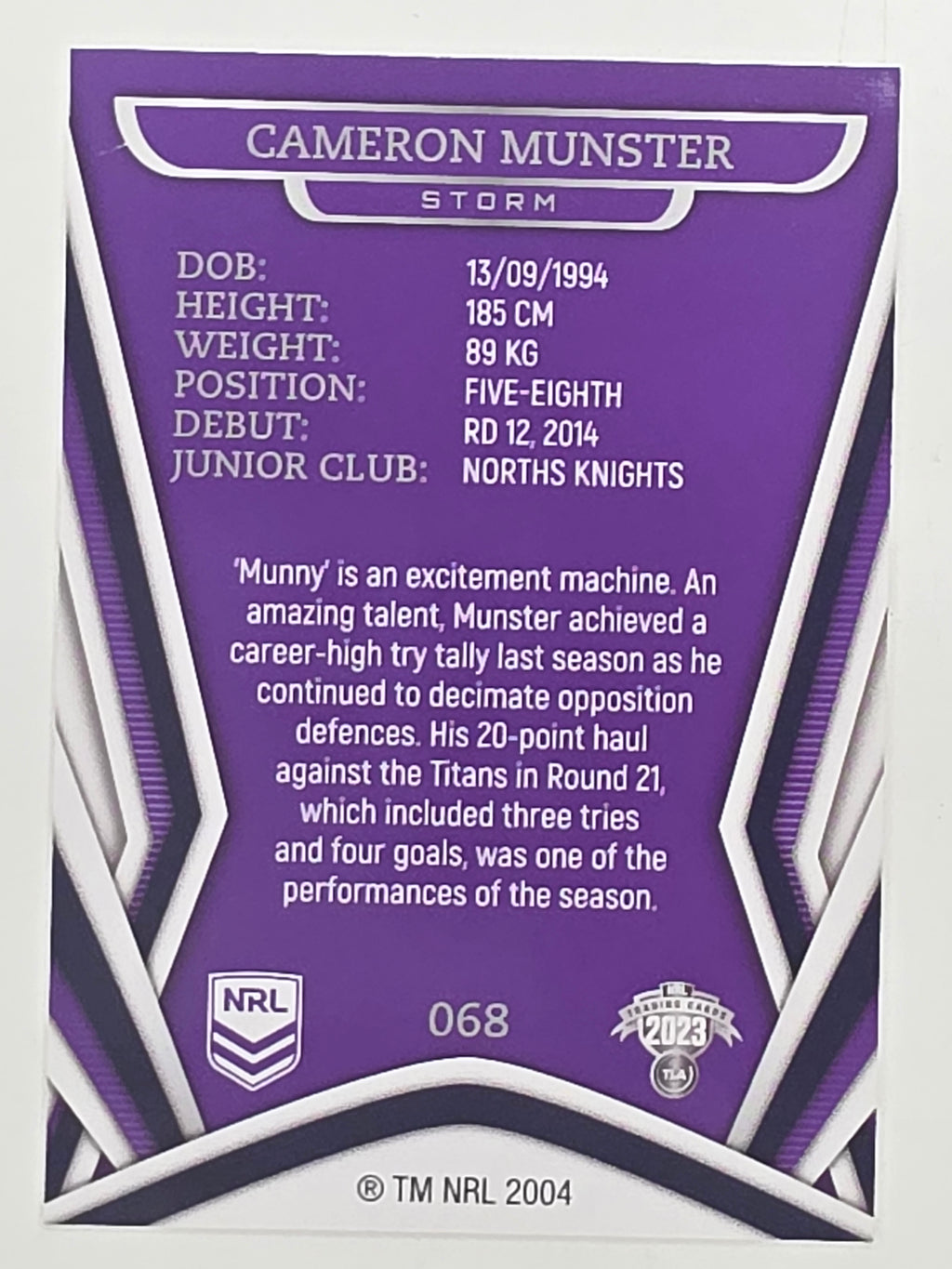 NRL 2023 Traders Titanium Base Card #068 Cameron Munster Melbourne Storm