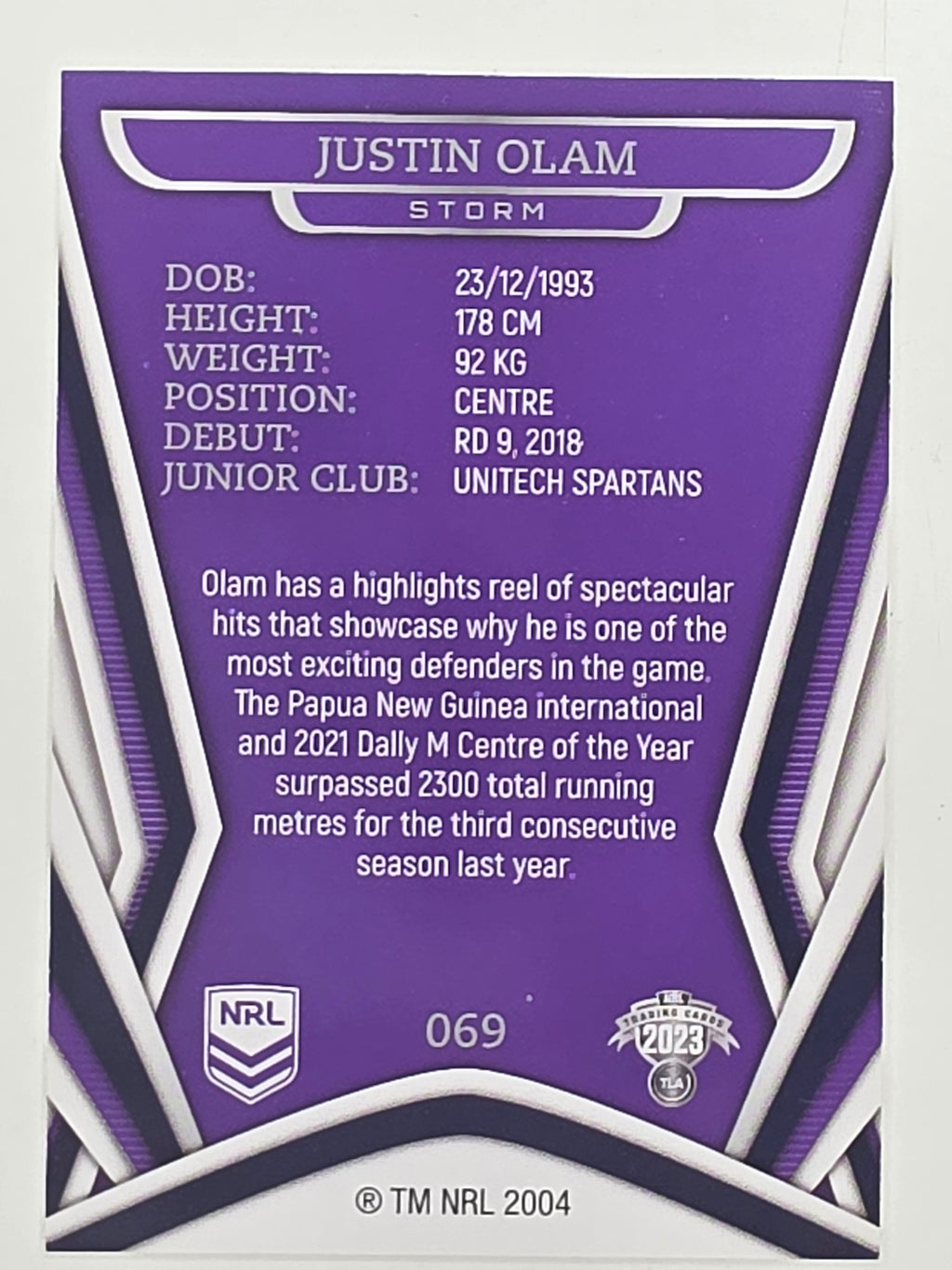 NRL 2023 Traders Titanium Base Card #069 Justin Olam Melbourne Storm