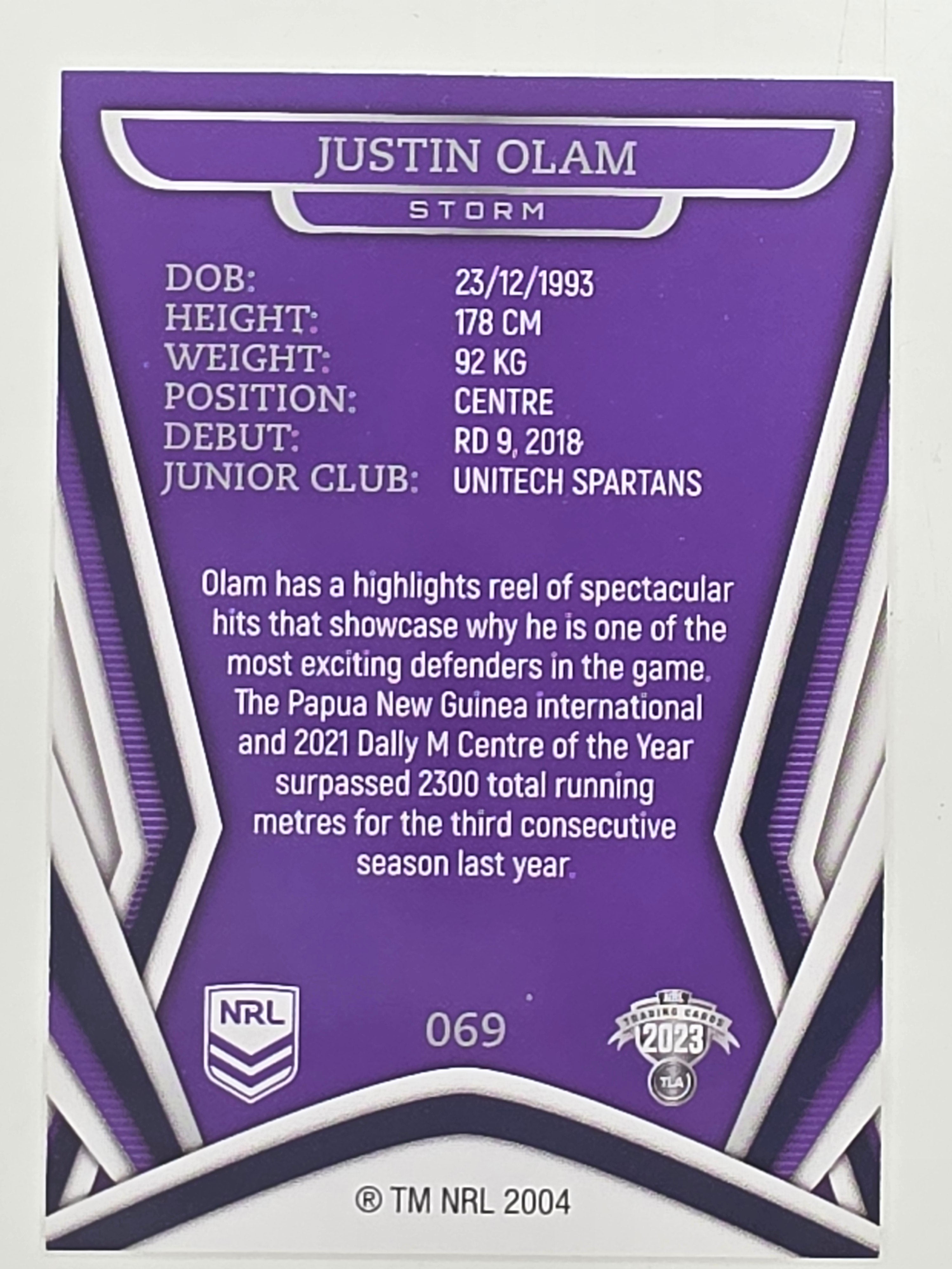 NRL 2023 Traders Titanium Base Card #069 Justin Olam Melbourne Storm