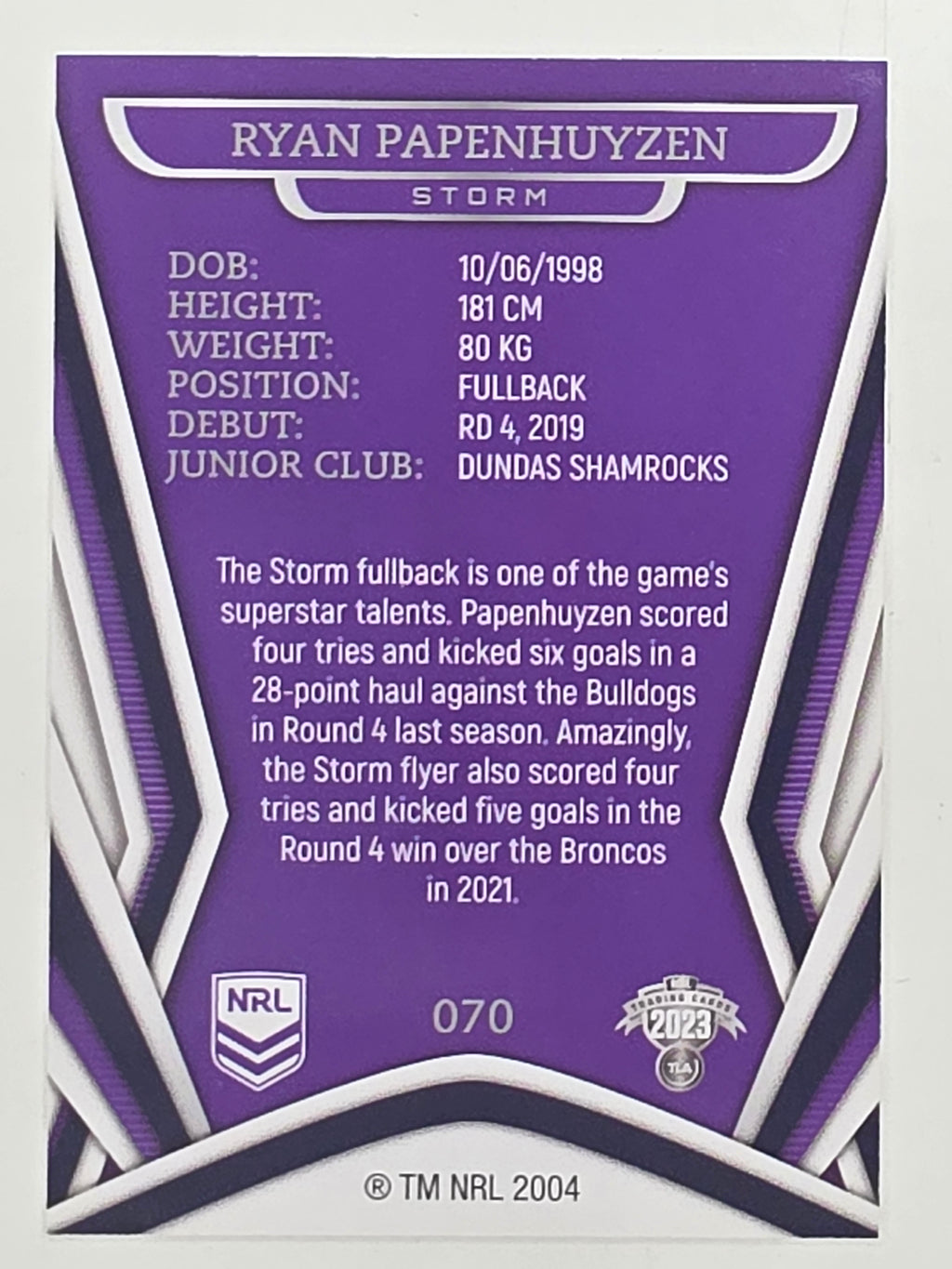 NRL 2023 Traders Titanium Base Card #070 Ryan Papenhuyzen Melbourne Storm