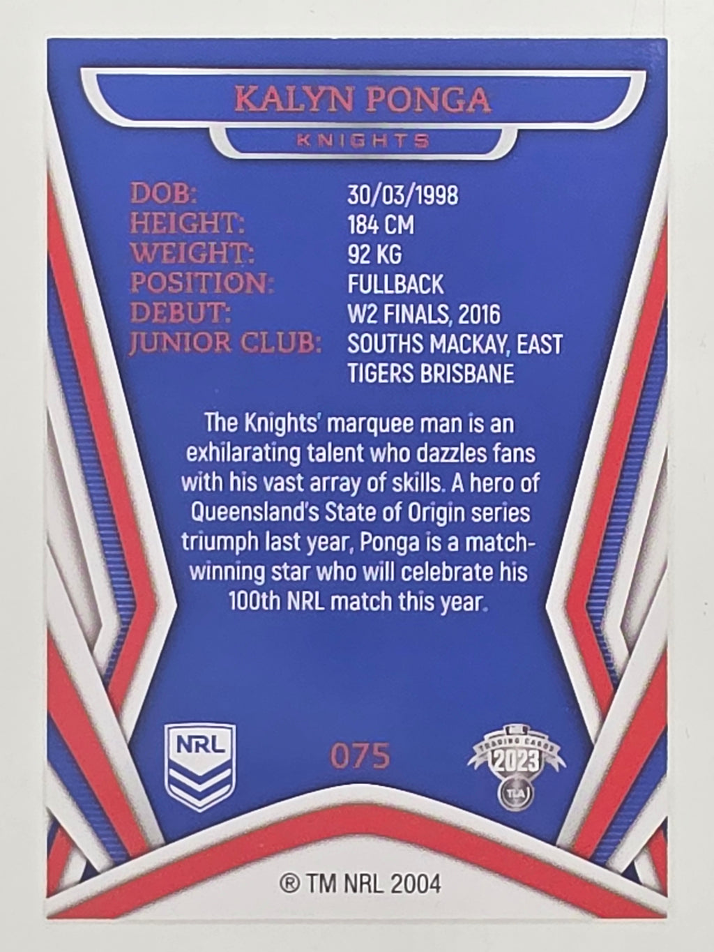 NRL 2023 Traders Titanium Base Card #075 Kalyn Ponga Newcastle Knights