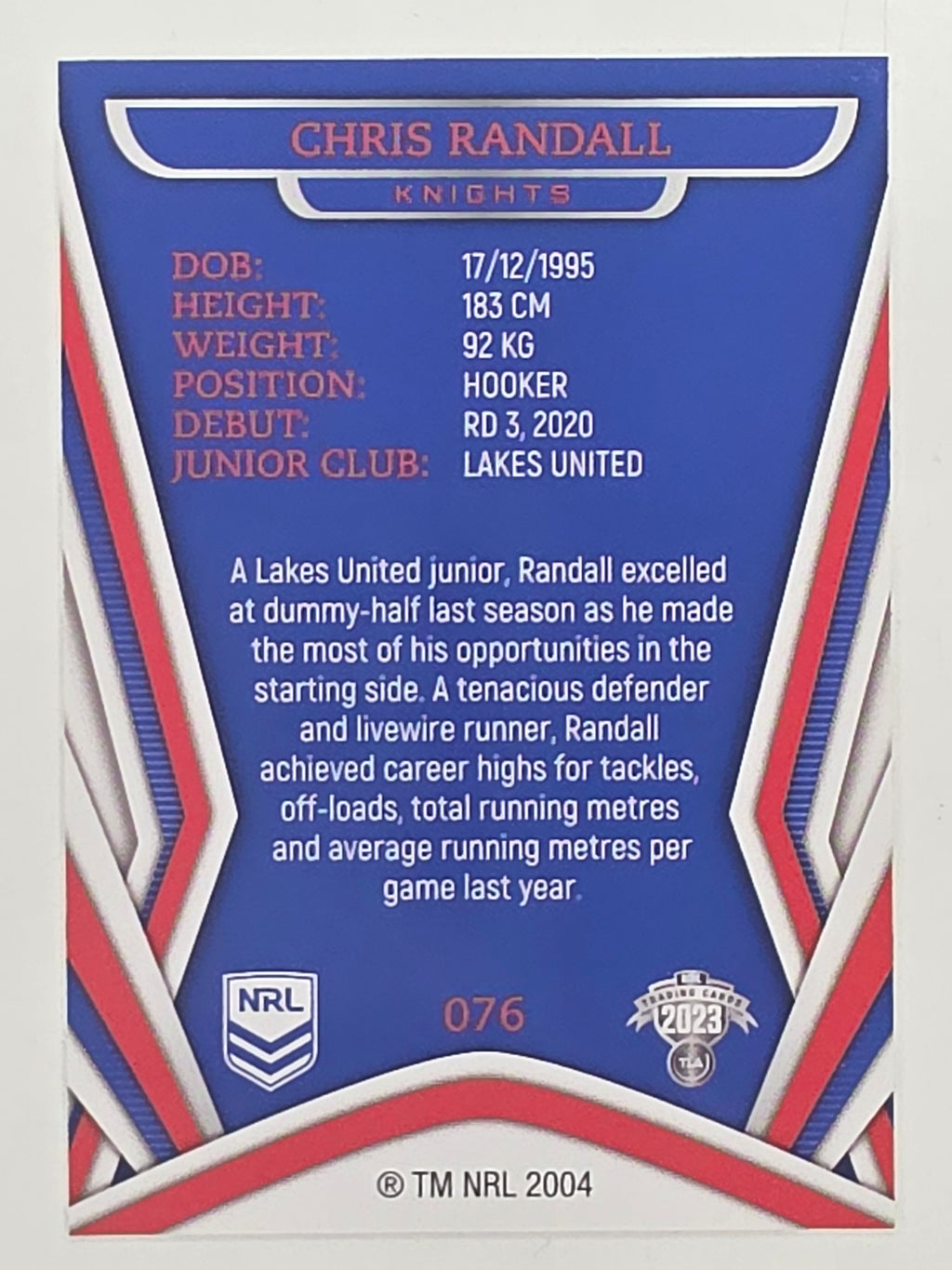 NRL 2023 Traders Titanium Base Card #076 Chris Randall Newcastle Knights