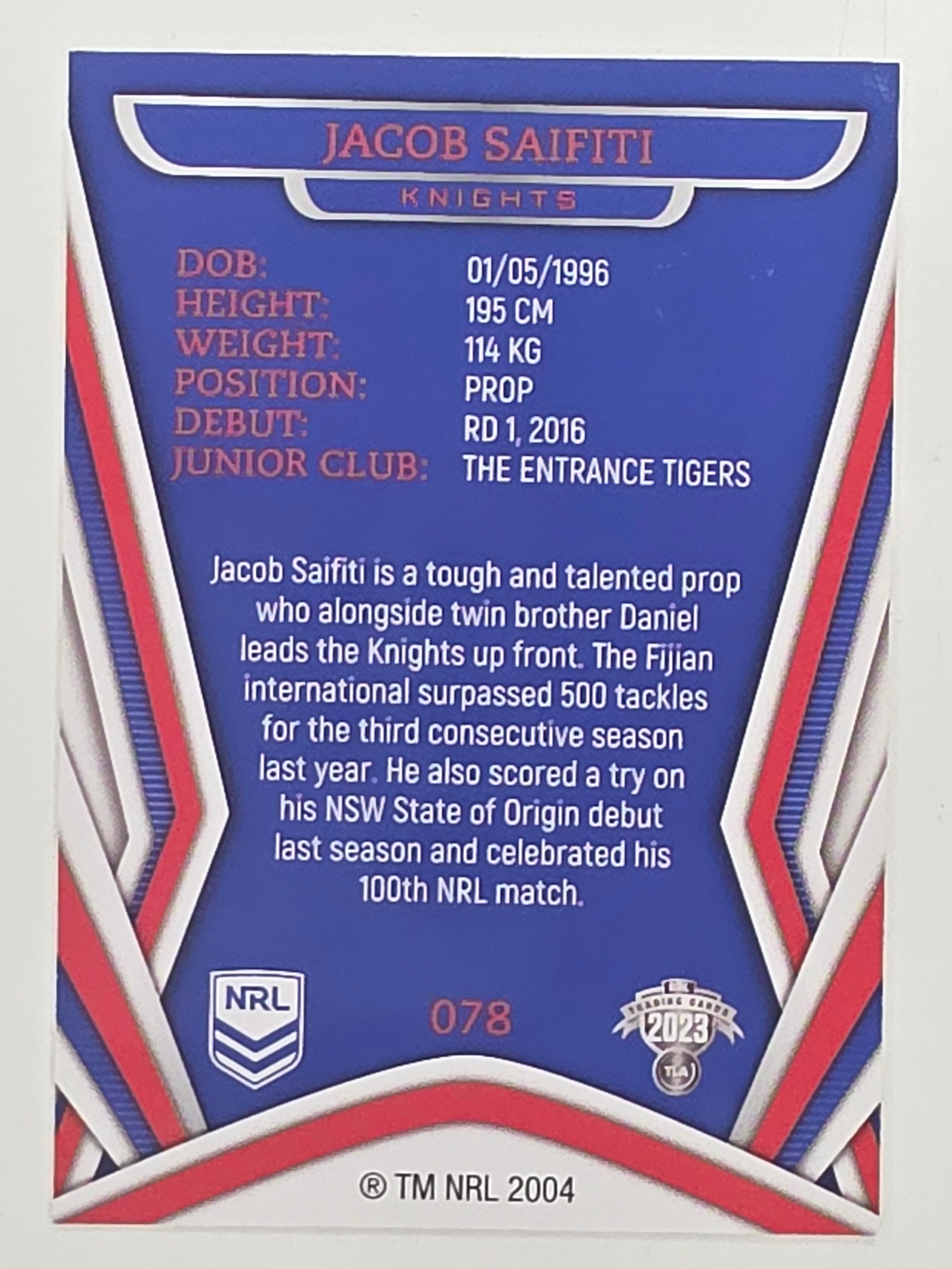 NRL 2023 Traders Titanium Base Card #078 Jacob Saifiti Newcastle Knights