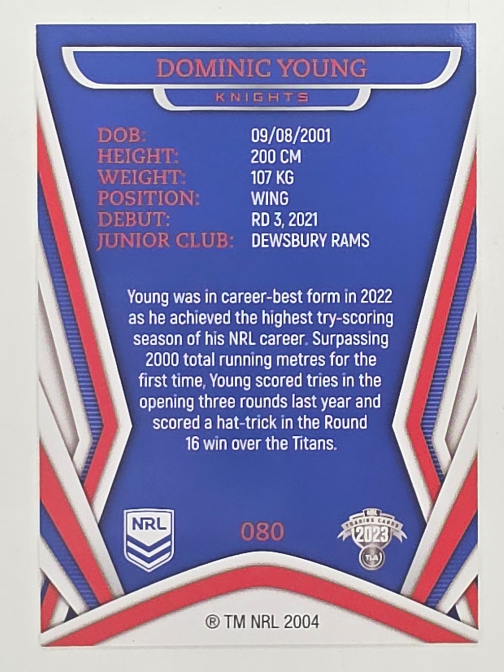 NRL 2023 Traders Titanium Base Card #080 Dominic Young Newcastle Knights