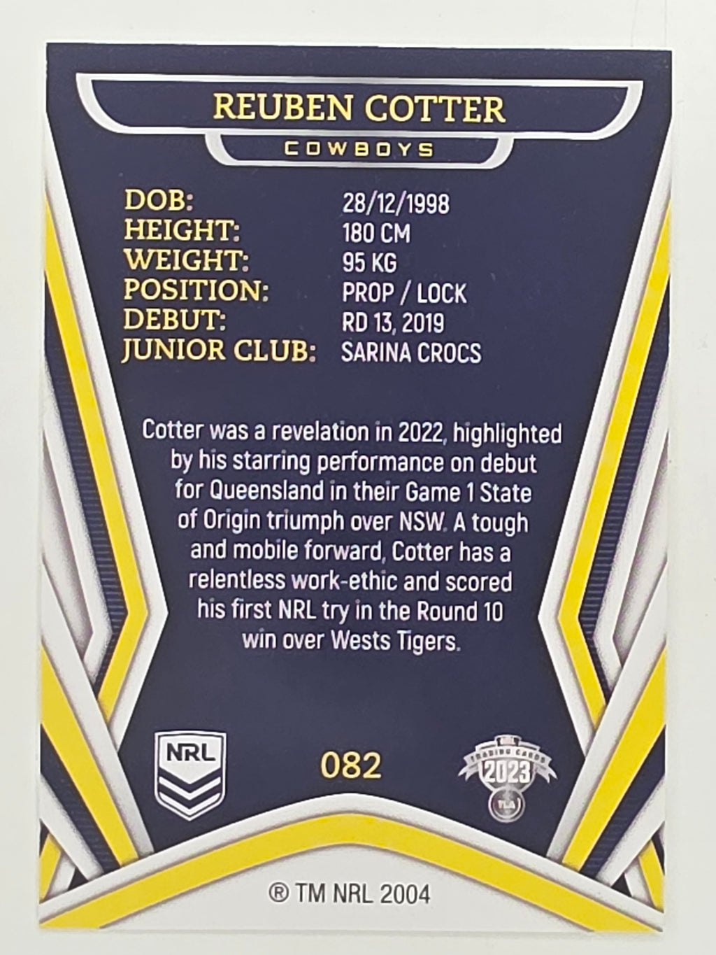 NRL 2023 Traders Titanium Base Card #082 Reuben Cotter North Queensland Cowboys