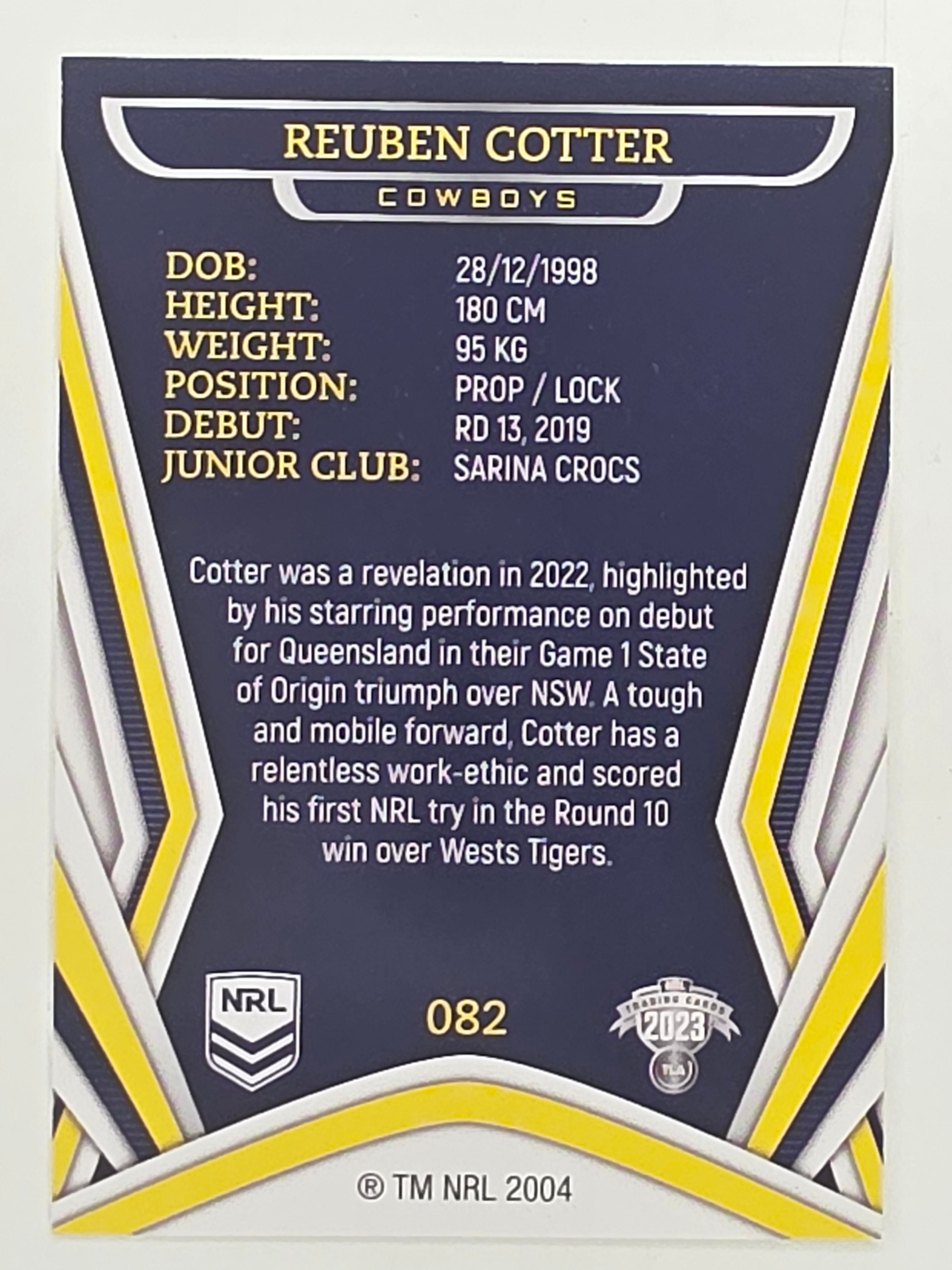 NRL 2023 Traders Titanium Base Card #082 Reuben Cotter North Queensland Cowboys