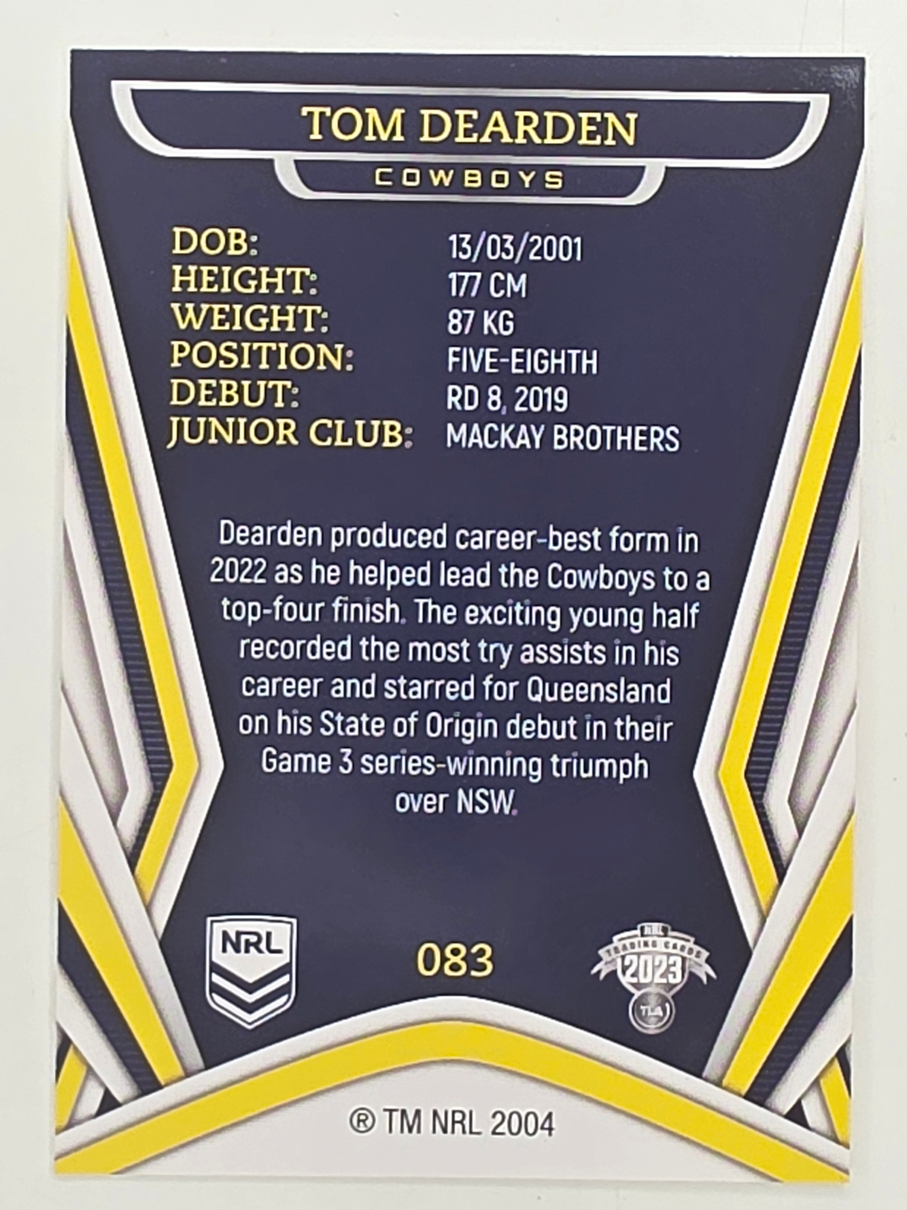 NRL 2023 Traders Titanium Base Card #083 Tom Dearden North Queensland Cowboys