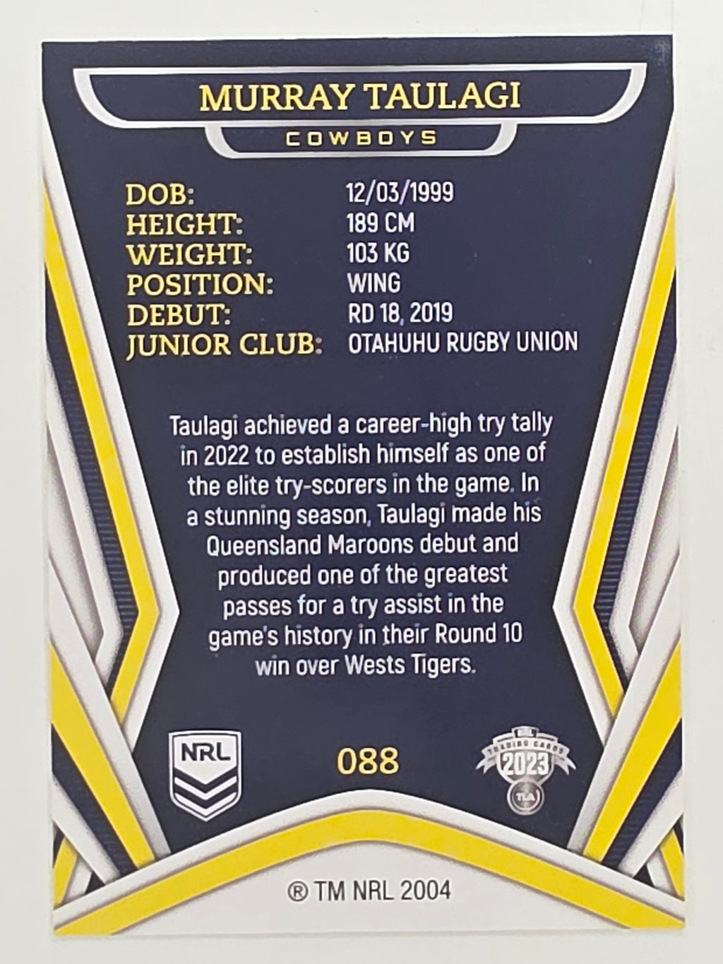 NRL 2023 Traders Titanium Base Card #088 Murray Taulagi North Queensland Cowboys