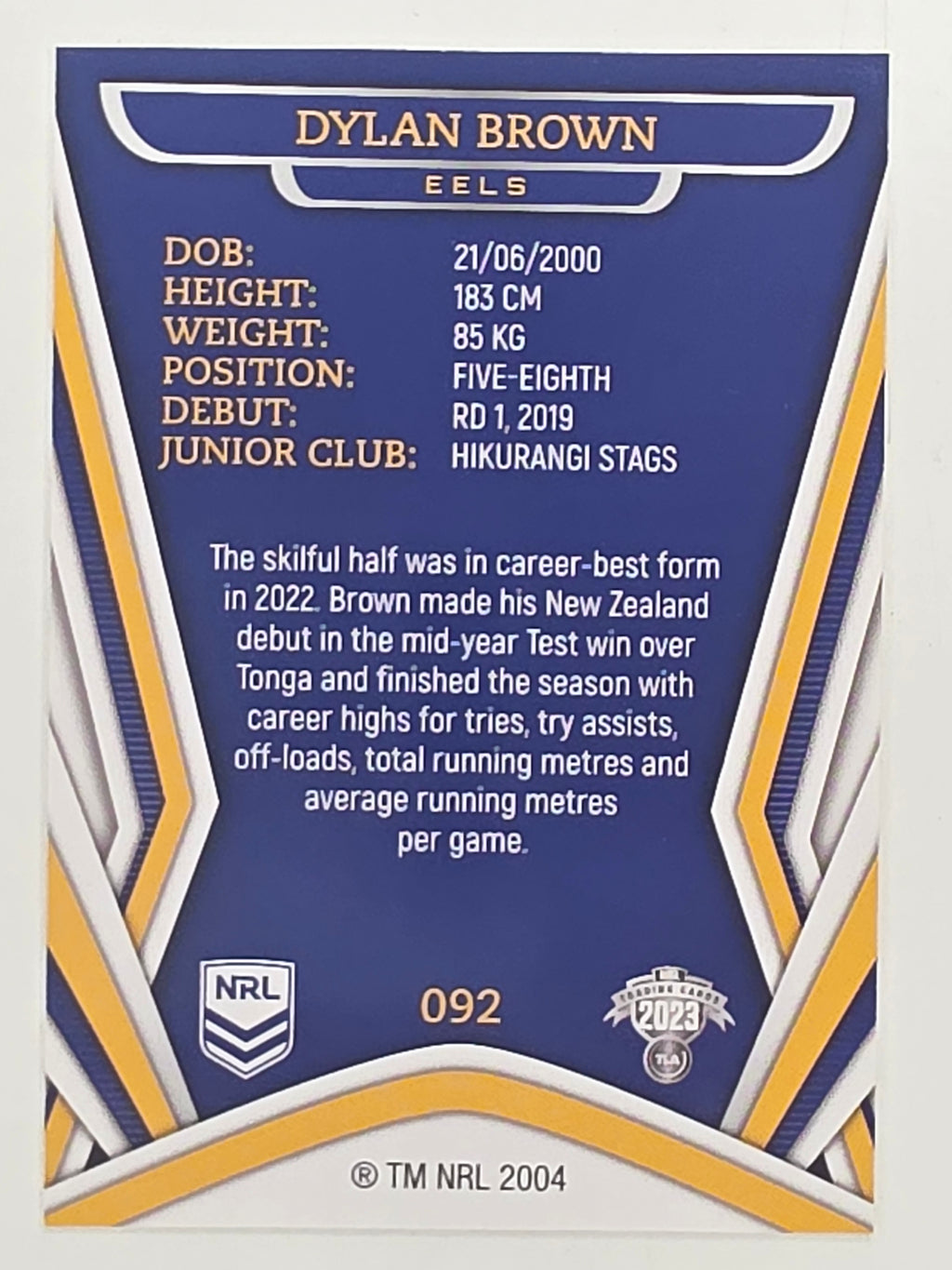 NRL 2023 Traders Titanium Base Card #092 Dylan Brown Parramatta Eels