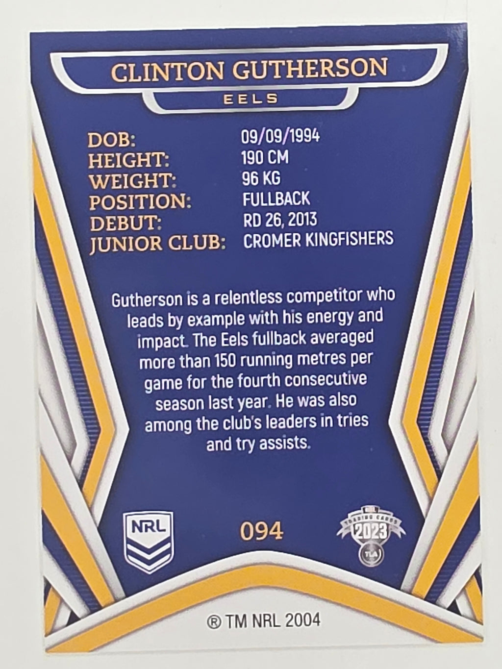 NRL 2023 Traders Titanium Base Card #094 Clinton Gutherson Parramatta Eels