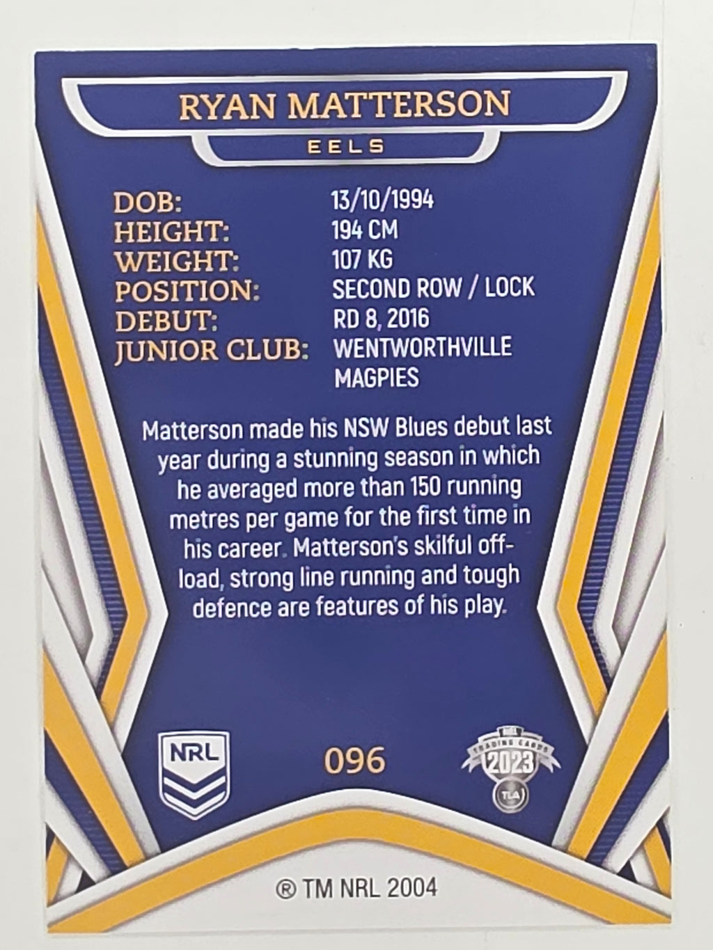 NRL 2023 Traders Titanium Base Card #096 Ryan Matterson Parramatta Eels