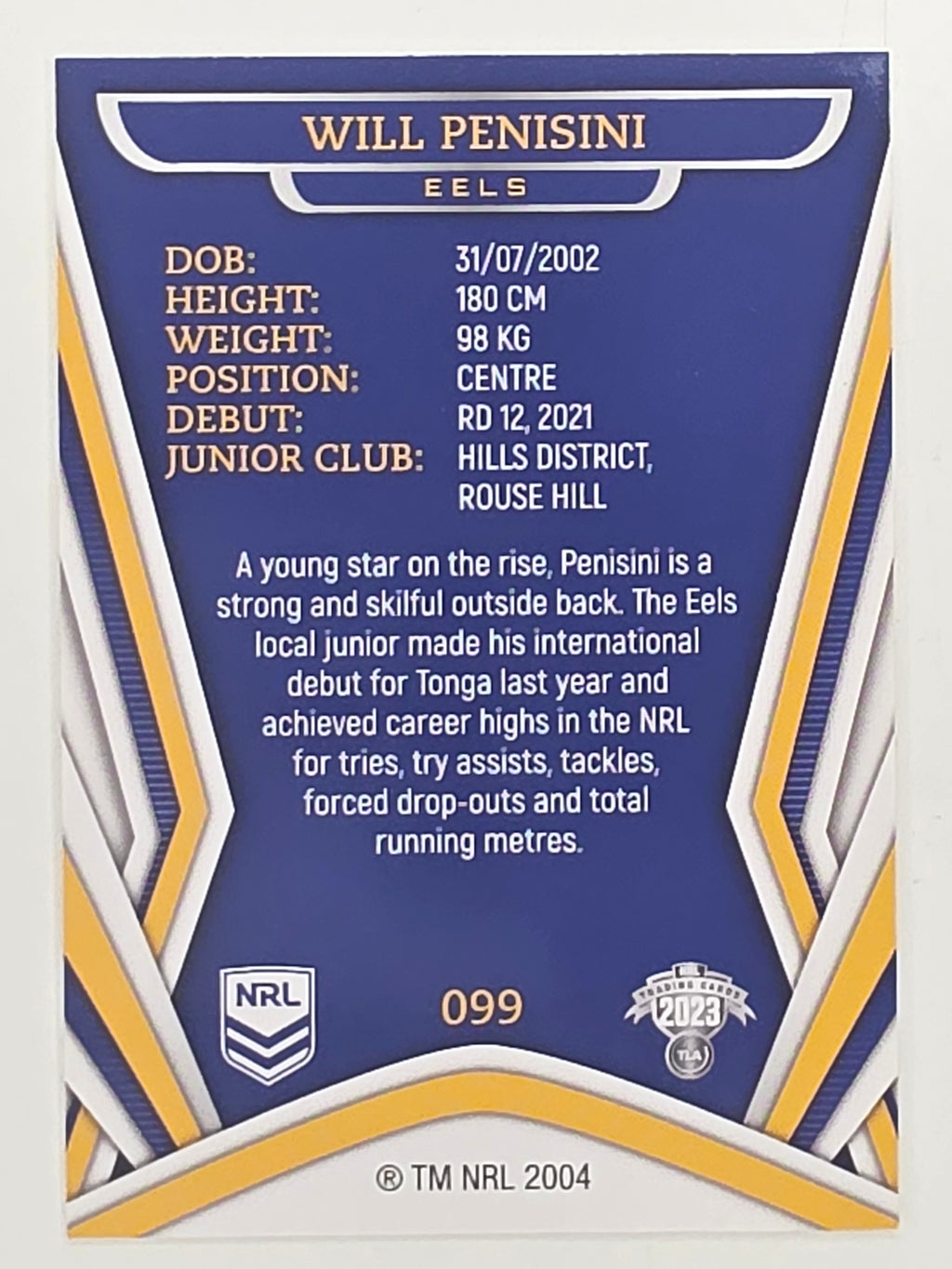 NRL 2023 Traders Titanium Base Card #099 Will Penisini Parramatta Eels