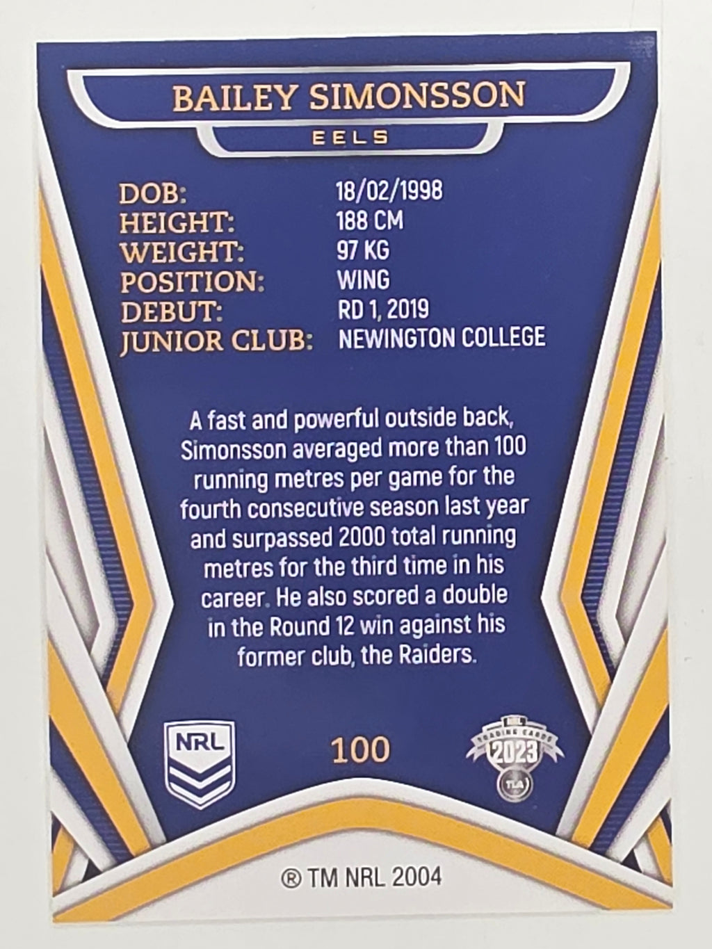 NRL 2023 Traders Titanium Base Card #100 Bailey Simonsson Parramatta Eels