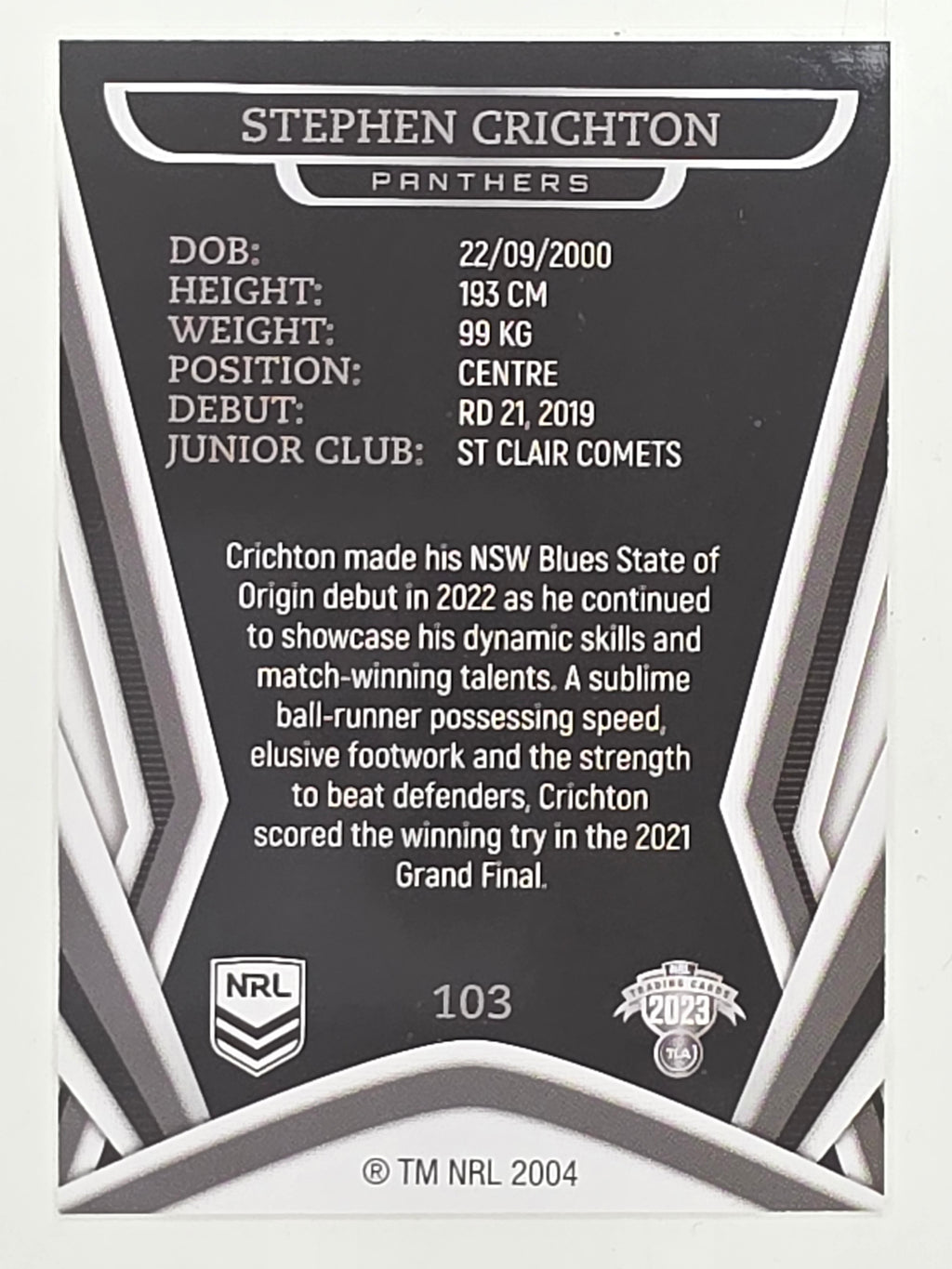 NRL 2023 Traders Titanium Base Card #103 Stephen Crichton Penrith Panthers
