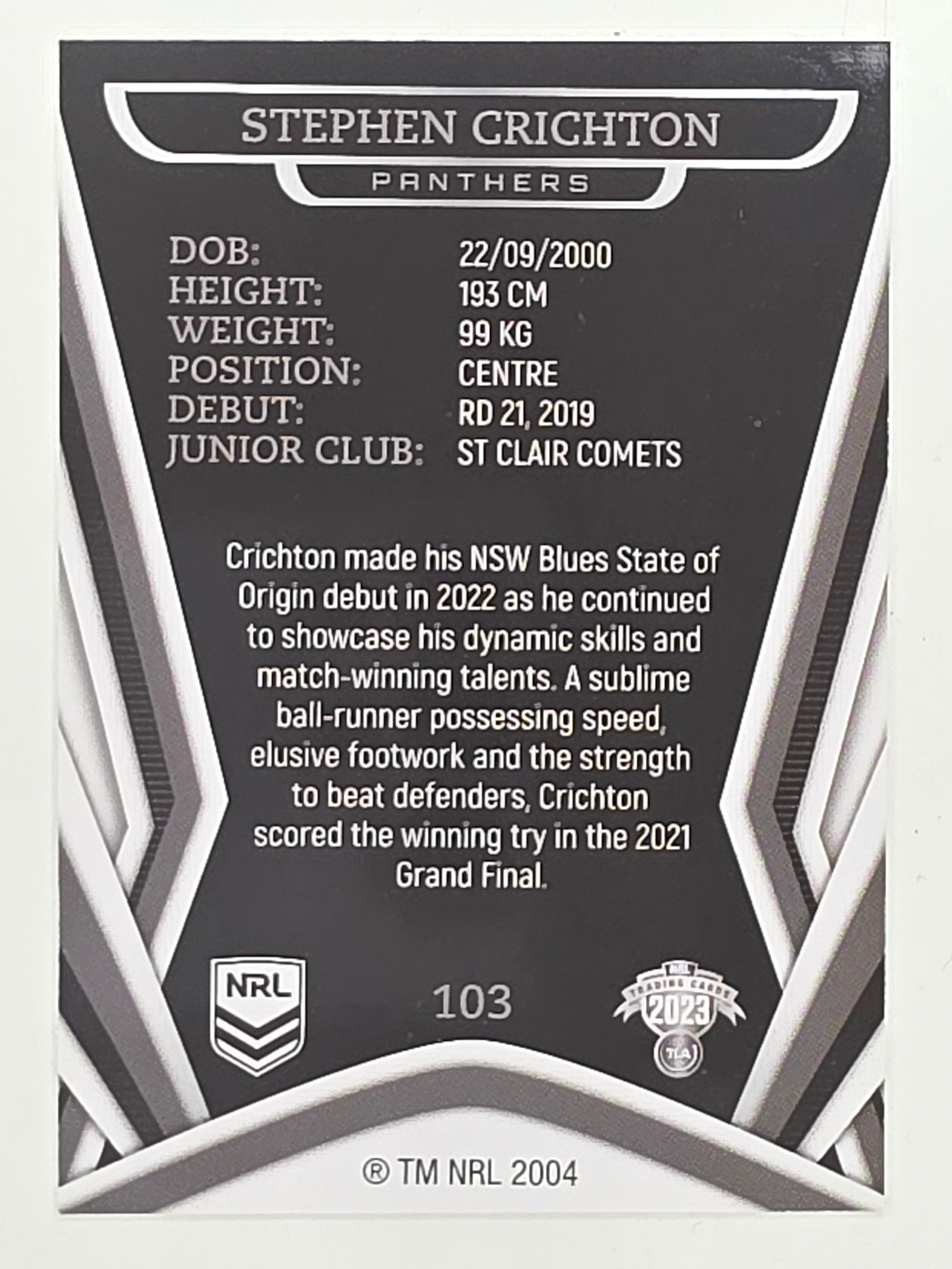 NRL 2023 Traders Titanium Base Card #103 Stephen Crichton Penrith Panthers