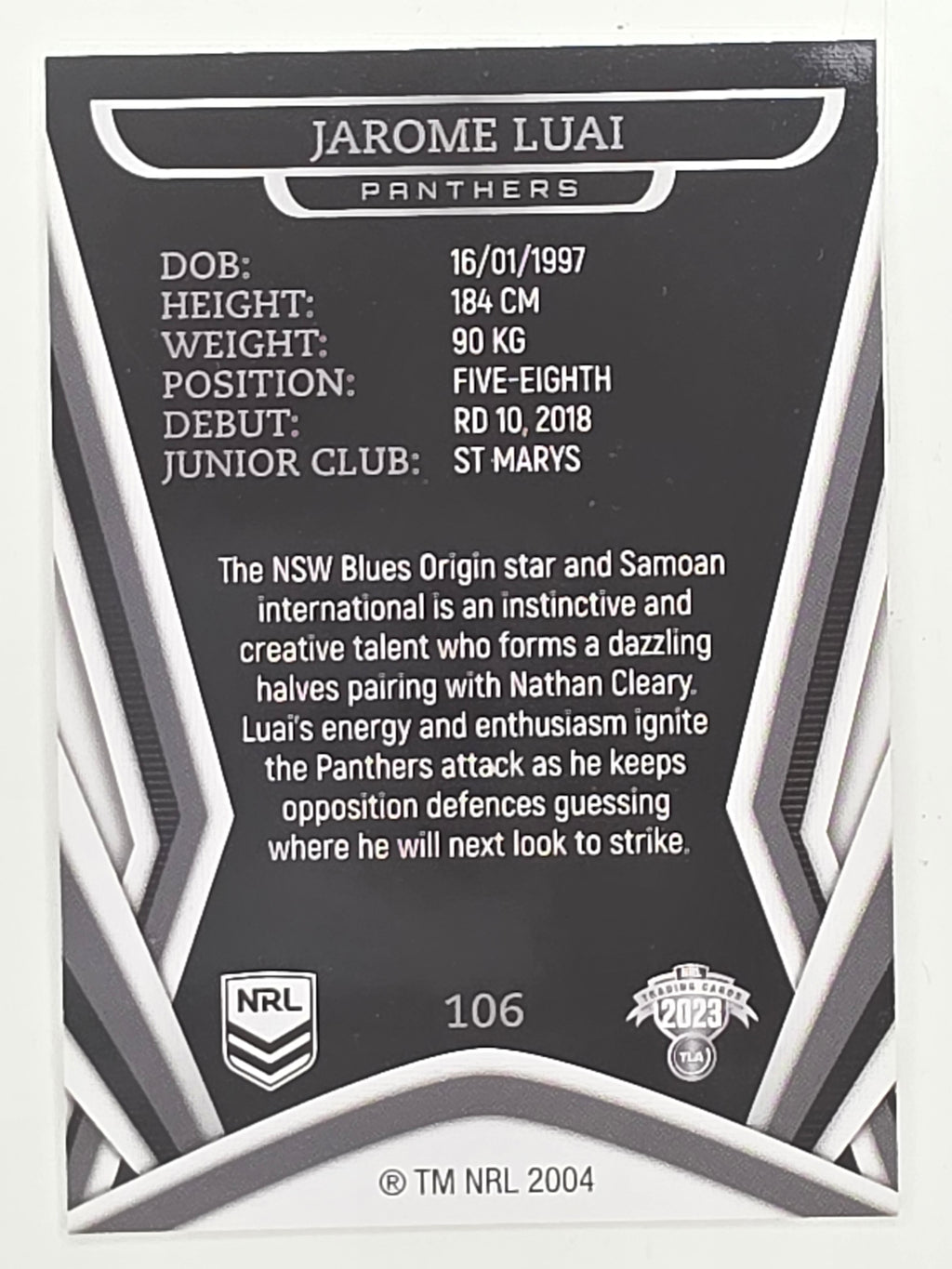 NRL 2023 Traders Titanium Base Card #106 Jarome Luai Penrith Panthers